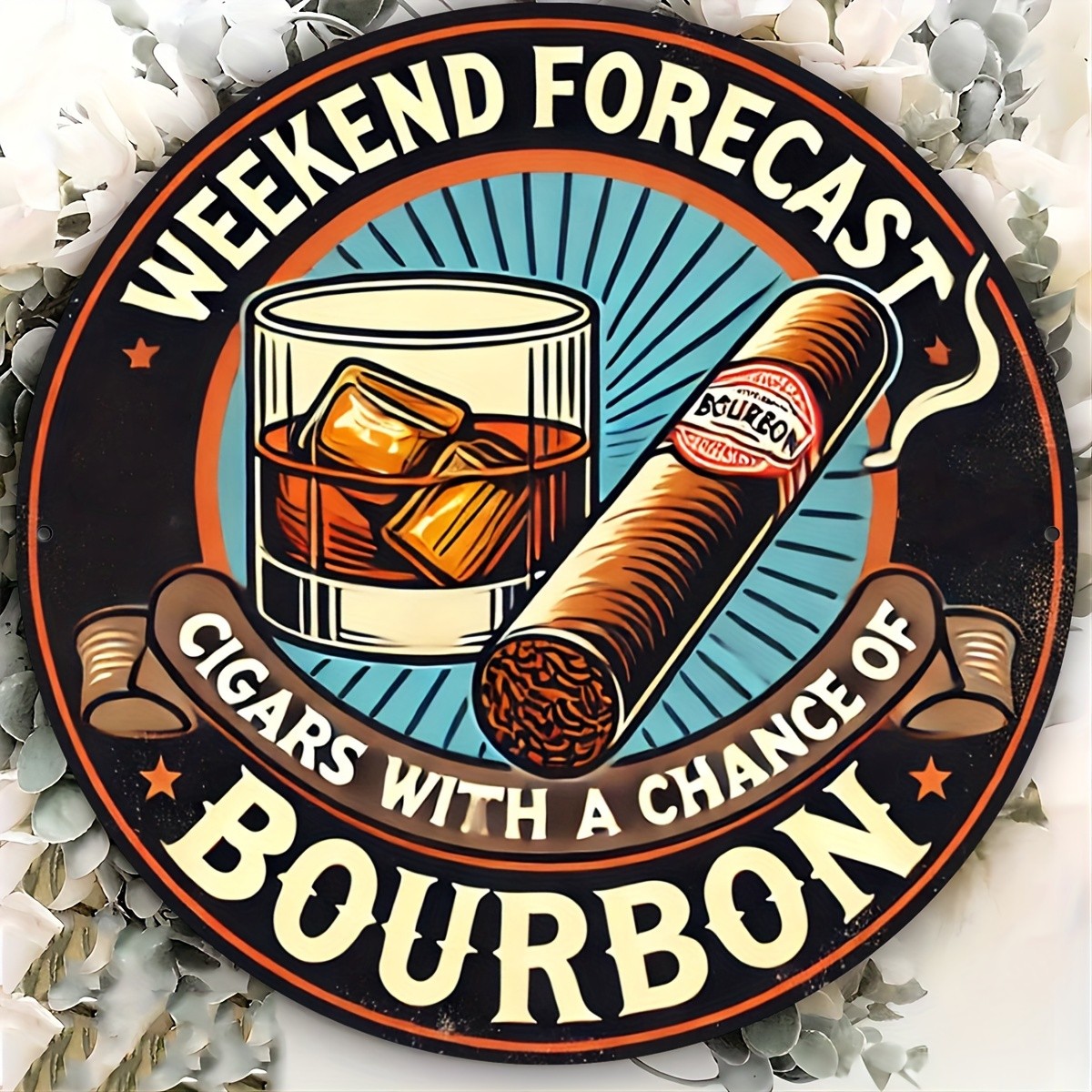 2D Flat, 1pc 8×8 Inch (20x20cm) Bourbon Whiskey & Cigar Vintage Tin Metal Signs