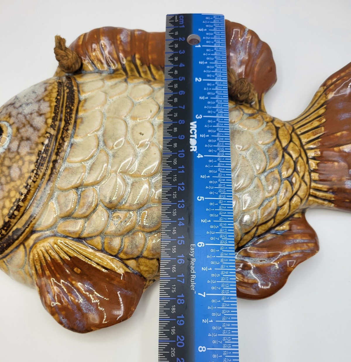 VTG. Glazed Ceramic Pottery Fish Wall Hanging Plaque 12&Prime; Pre-Treaded Cord Browns