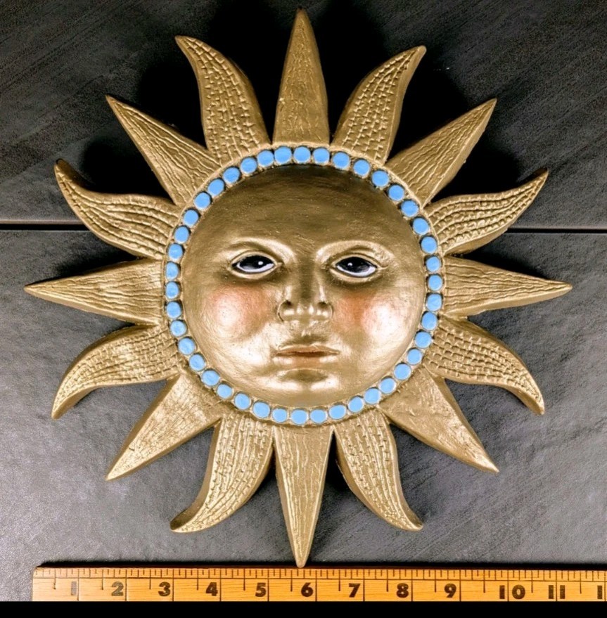 Gold Celestial Chalkware Sun Face Turquoise Dots Wall Decor 11&Prime; Boho Plaster