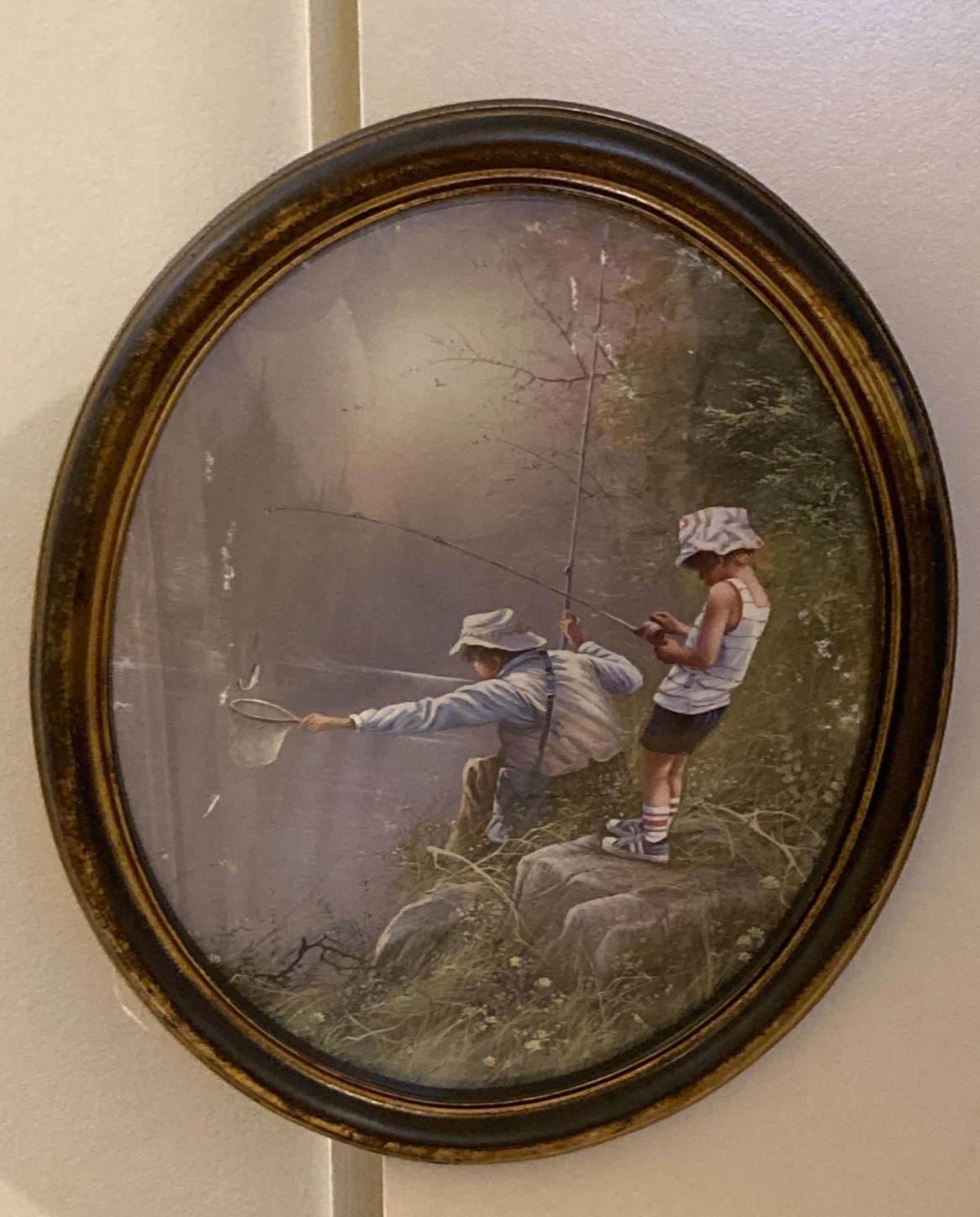 VINTAGE MAN AND BOY RIVER FISHING PICTURE FRAMED 22&Prime; X 18&Prime;
