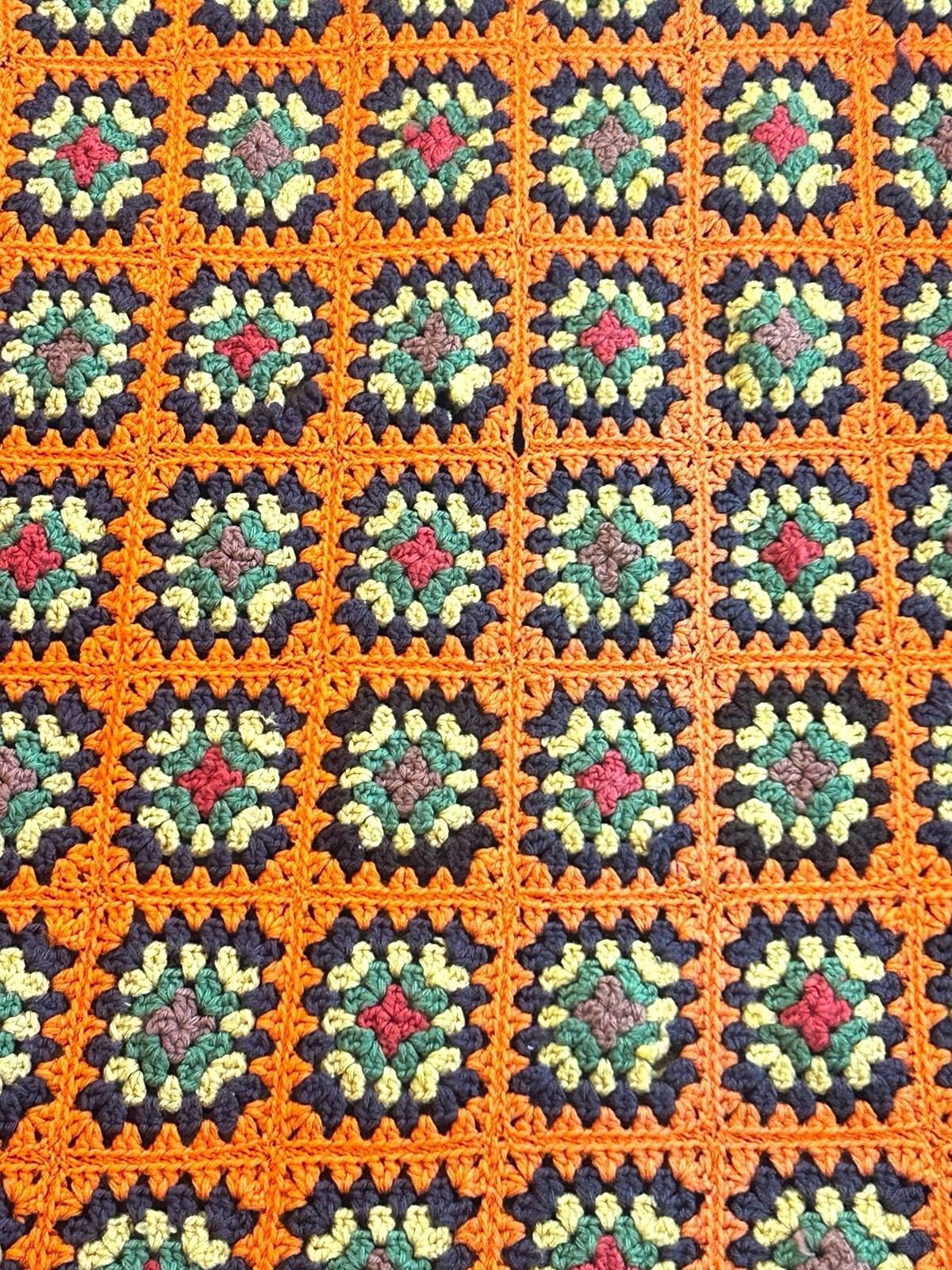 Vtg 70’s Granny Square Afghan Throw Blanket Roseanne Brown Orange Green