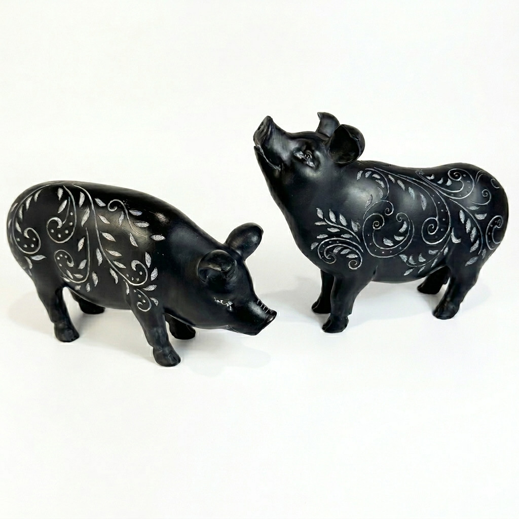 Pig Figurines Set of 2 Satin Black and White Etched Paisley Leaf Farmhouse Decor