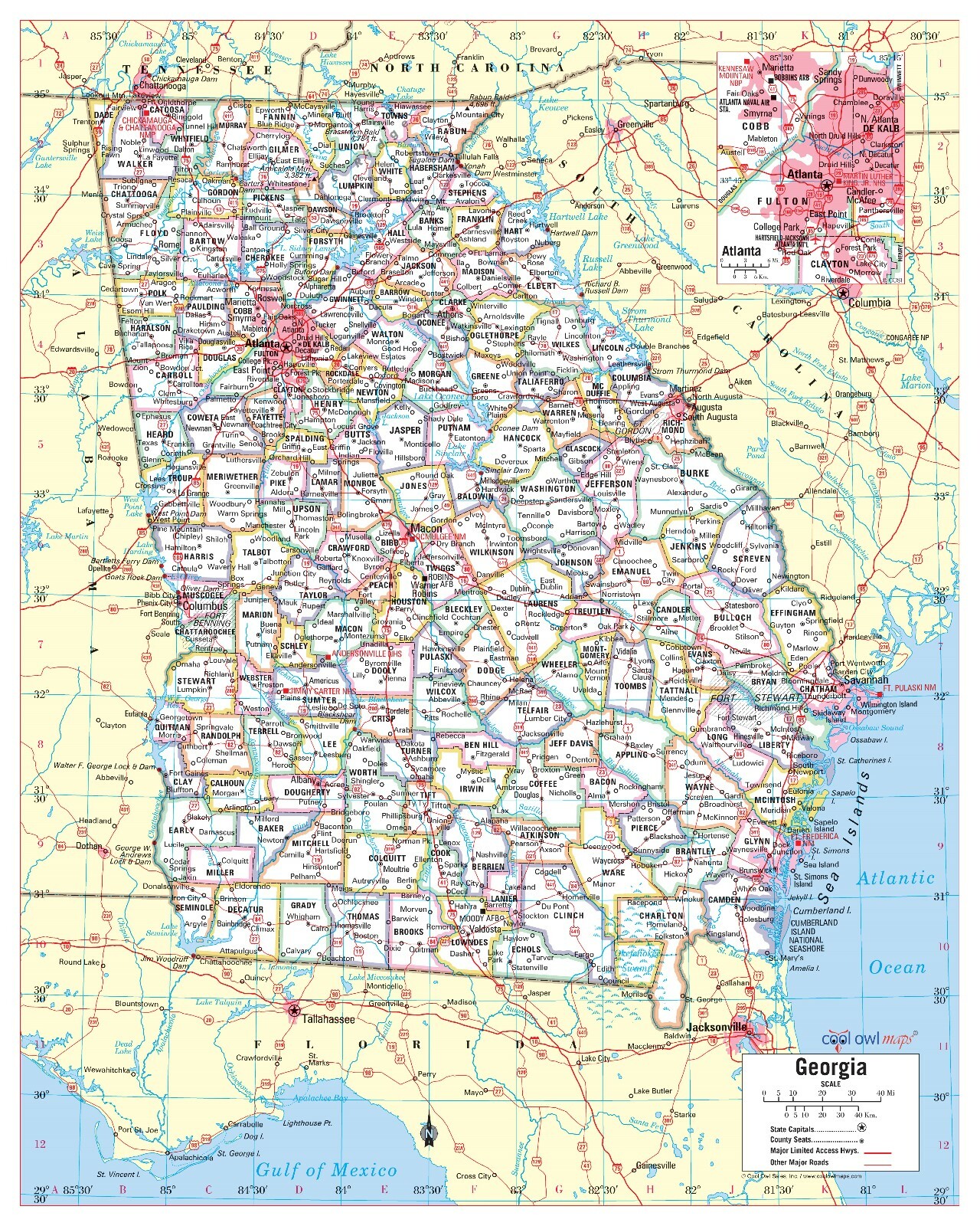 Georgia State Wall Map Large Print Poster – 24&Prime;Wx30&Prime;H