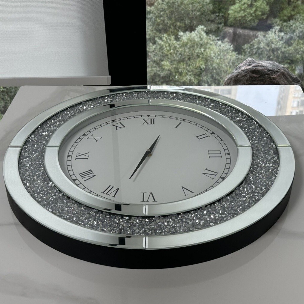 Large Round Mirror Clock 24/32in Crystal Sparkle Bling Crush Diamond Wall Clocks