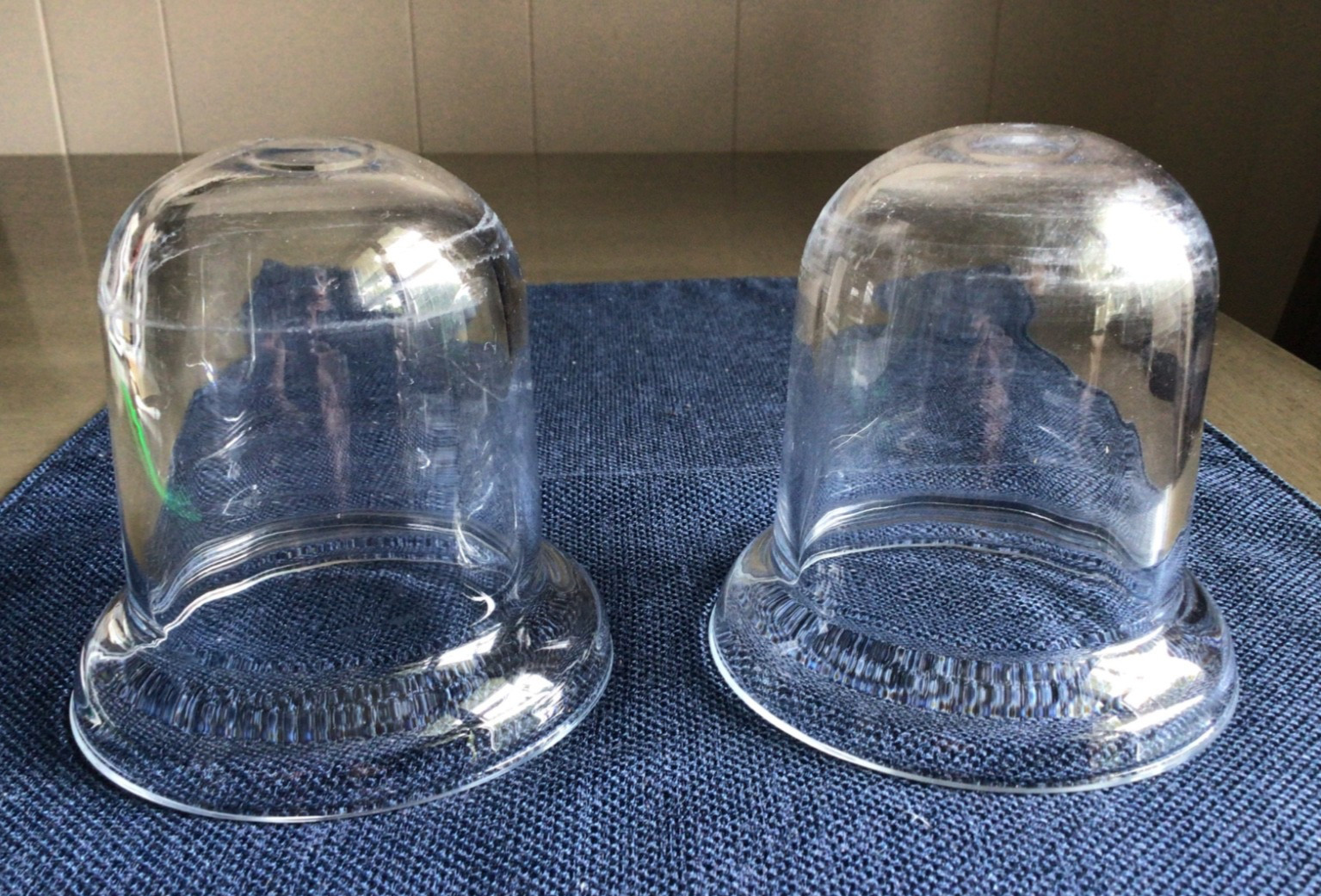 Set/2 Vtg Glass Cloches, Bell Dome Flared Flat Edge Hand Blown 4” x4”