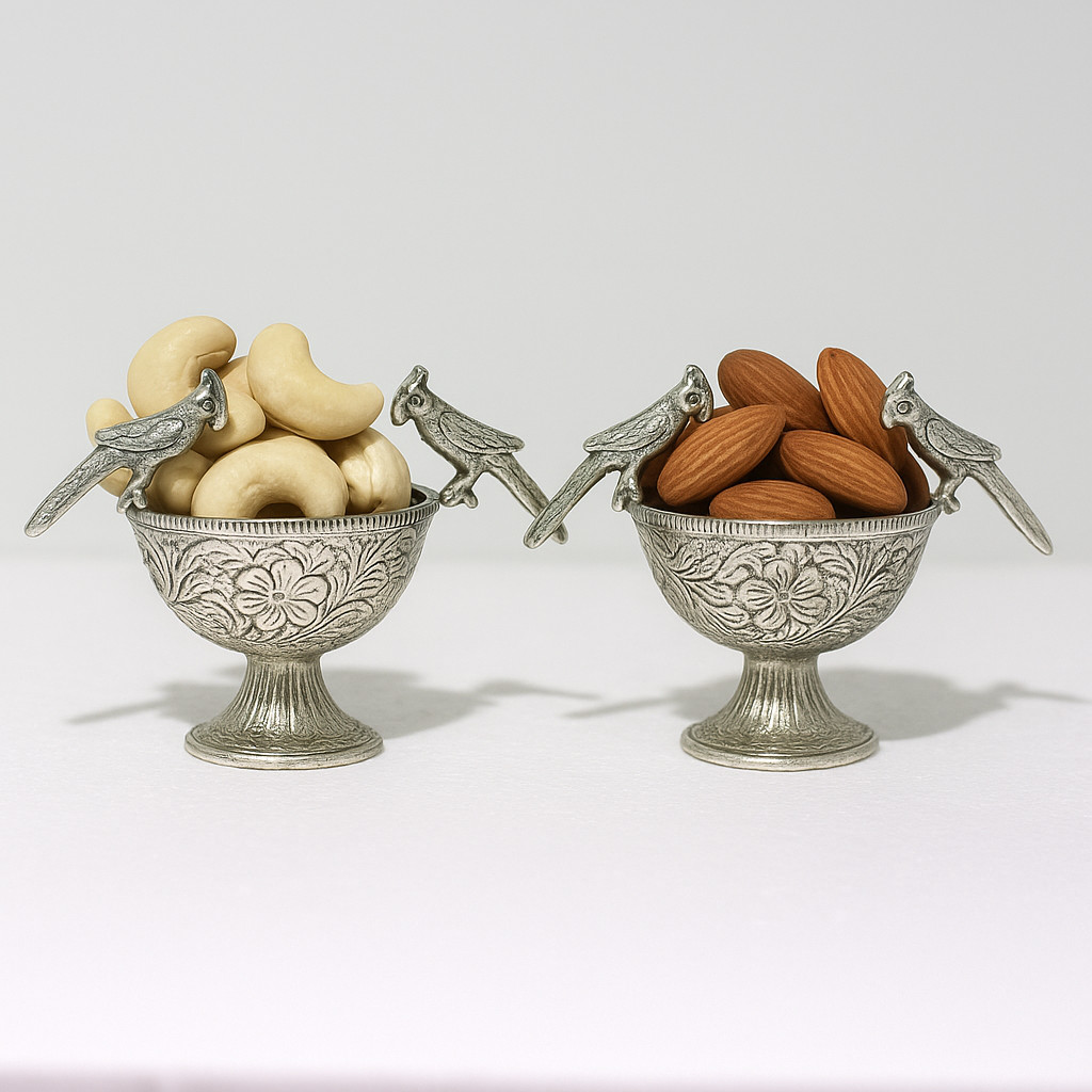 Handcrafted Silver Decorative Bowls Set | Floral Engraved Pair