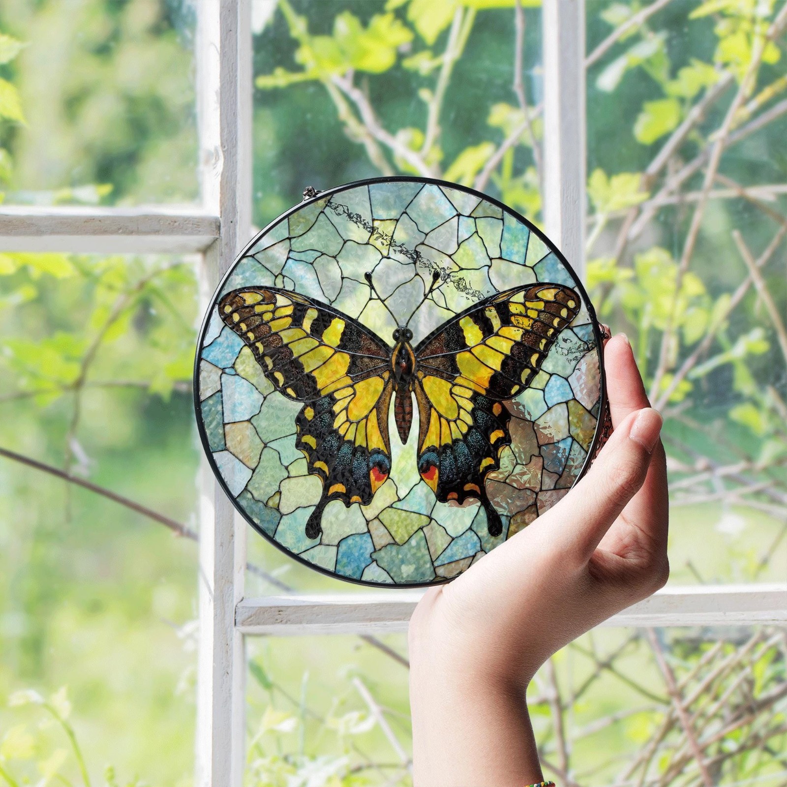 Yellow Swallowtail Butterfly Stained Glass Suncatcher Gift for Mom