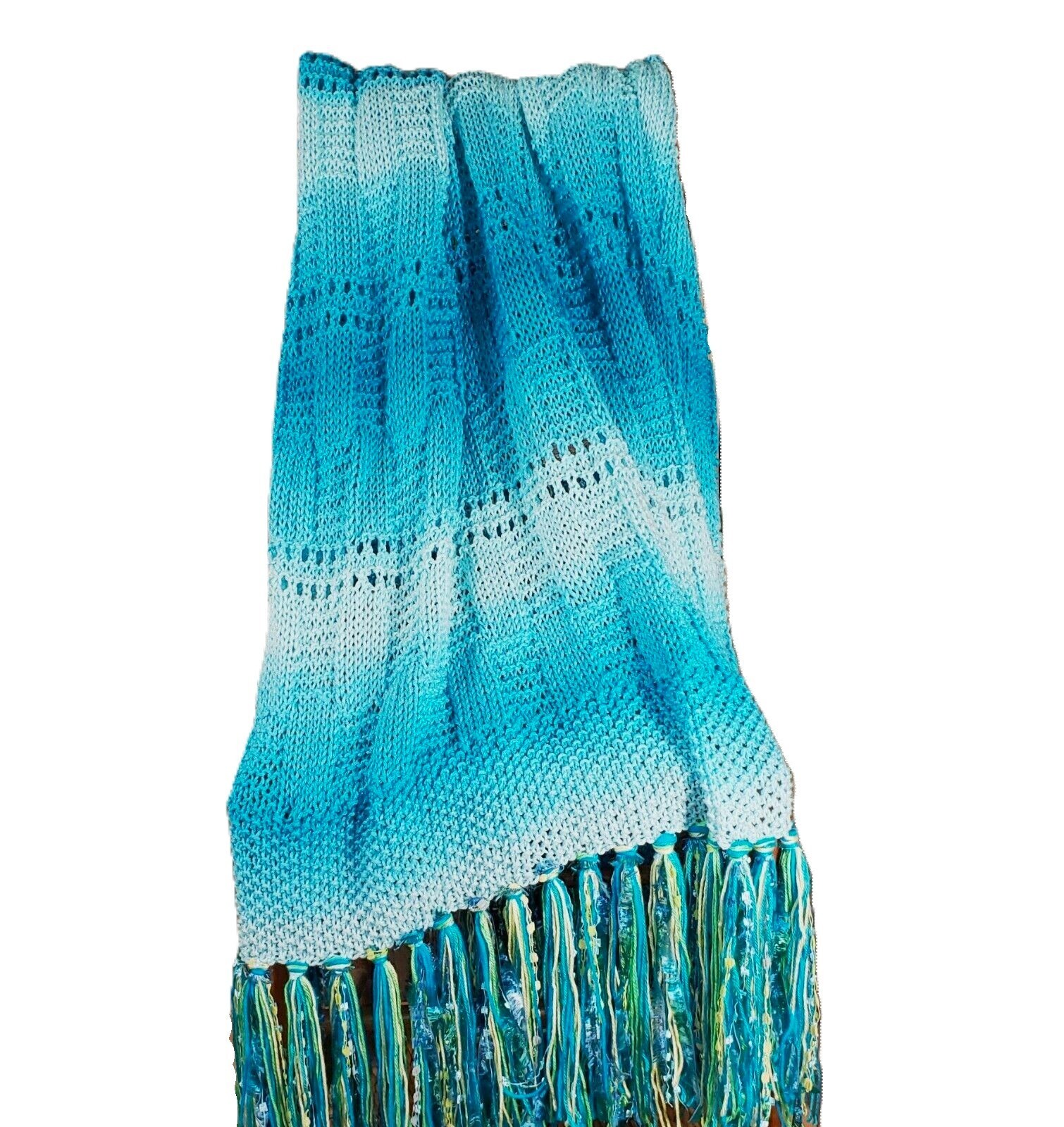NEW Turquoise Blue Ombre Handmade Knitted Afghan Throw Knit Gift Decor Whimsy