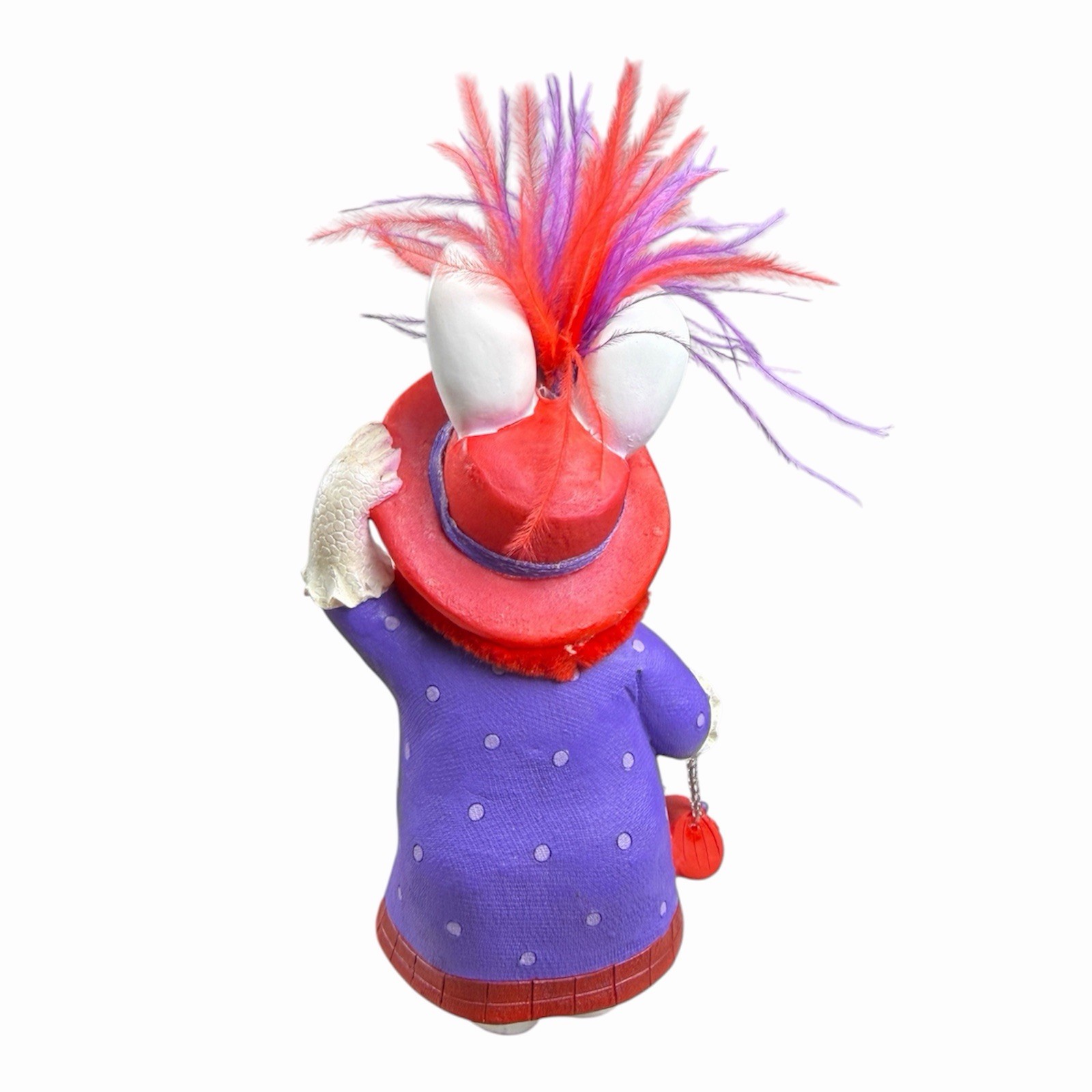 Cat Lady Figurine Red Hat Feathers Purple Polka Dot Dress Purse Vintage Cat
