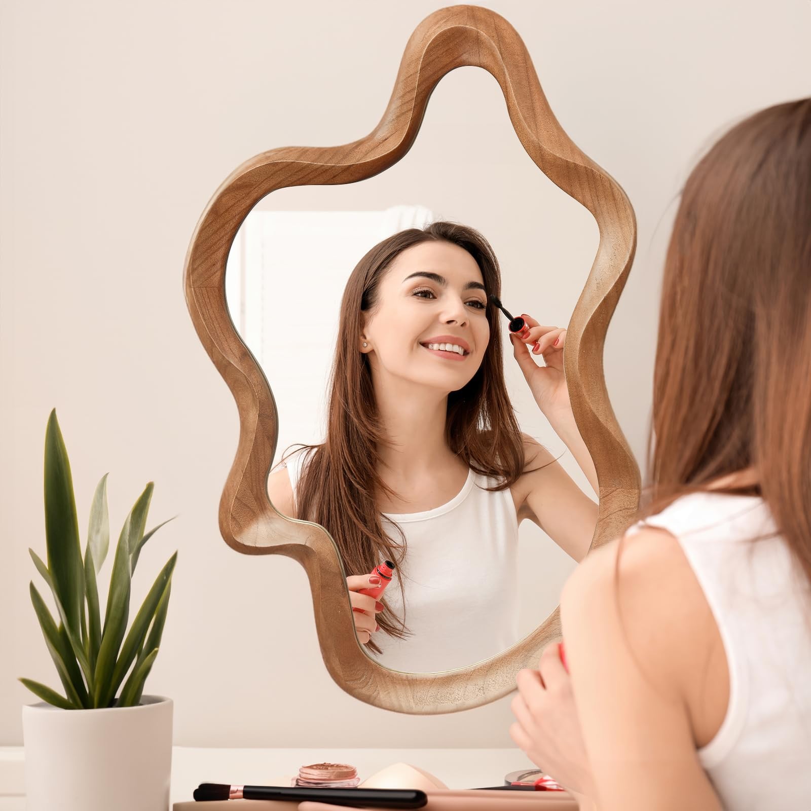 Irregular Wall Mirror,21&Prime; »x 32&Prime; »Asymmetrical Mirror Wood,Wooden Framed Wall M…