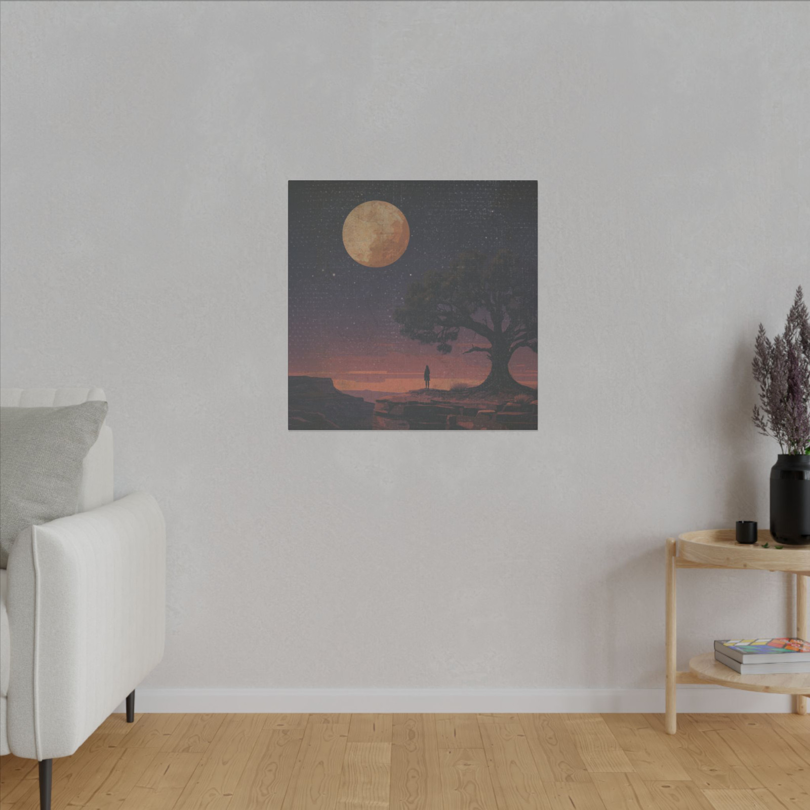 STARGAZER MOON TREE Stretched Canvas, Celestial Star Astronomy Girl Wall Art