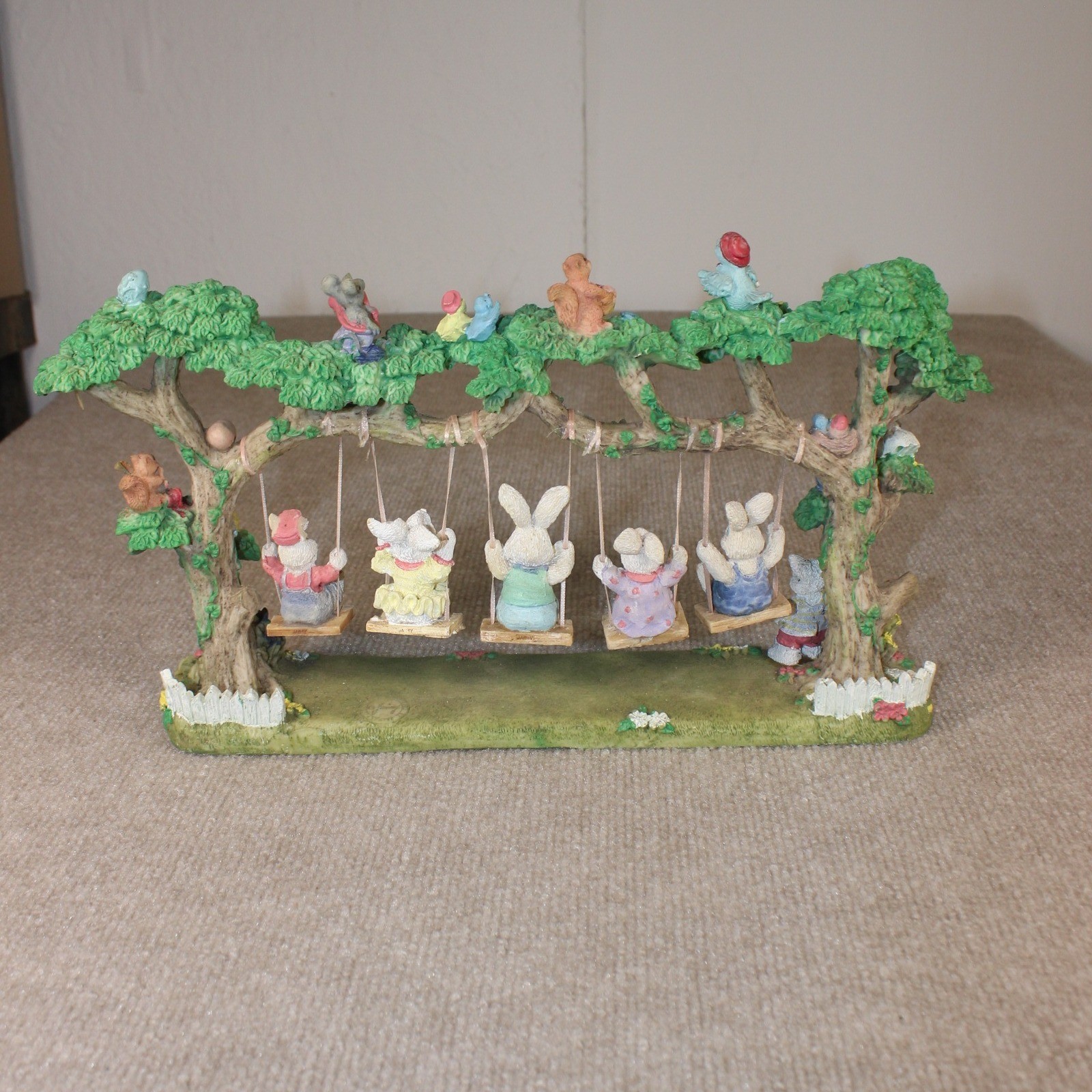 Vintage Jaimy Swinging Bunnies Figurine Easter Rabbit Tree Resin Decor 13 Inch