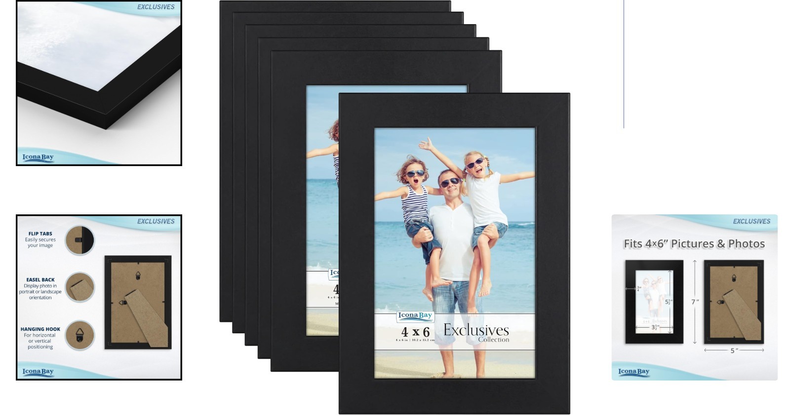 Elegant Black 4×6 Picture Frames – 6 Pack, Tabletop or Wall Mount Safety Assured