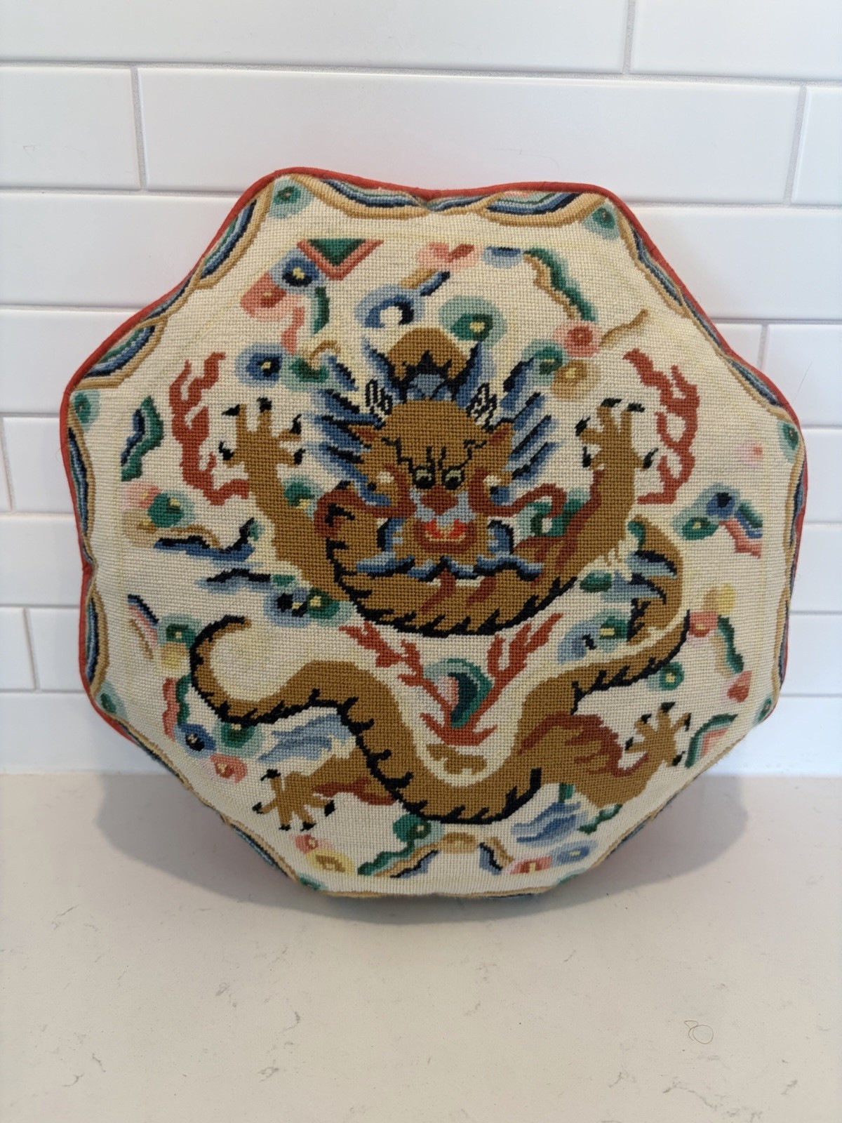 Vintage Octoganal Chinese Dragon Needlepoint Pillow-multicolor