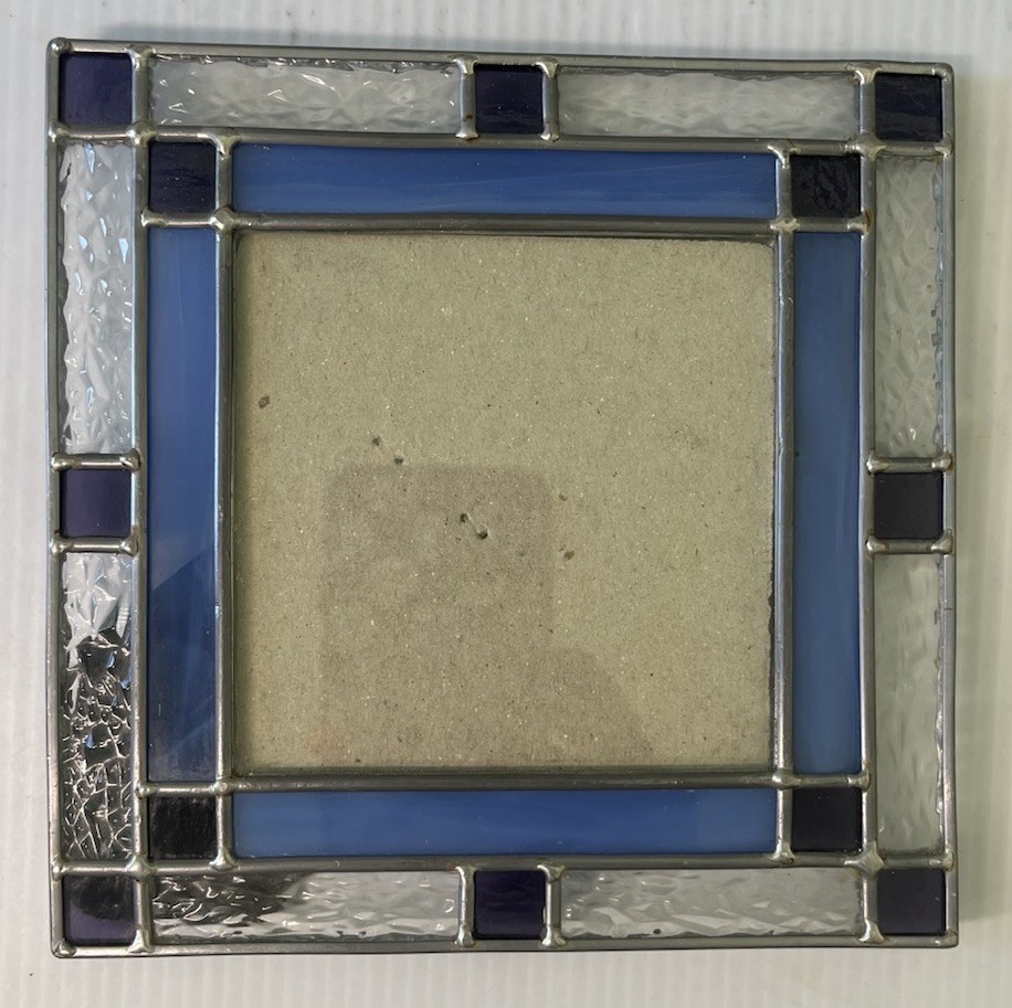 Stained Glass Picture Frame Mission Style Blue/Clear Geometric 3×3 Photo SALE!