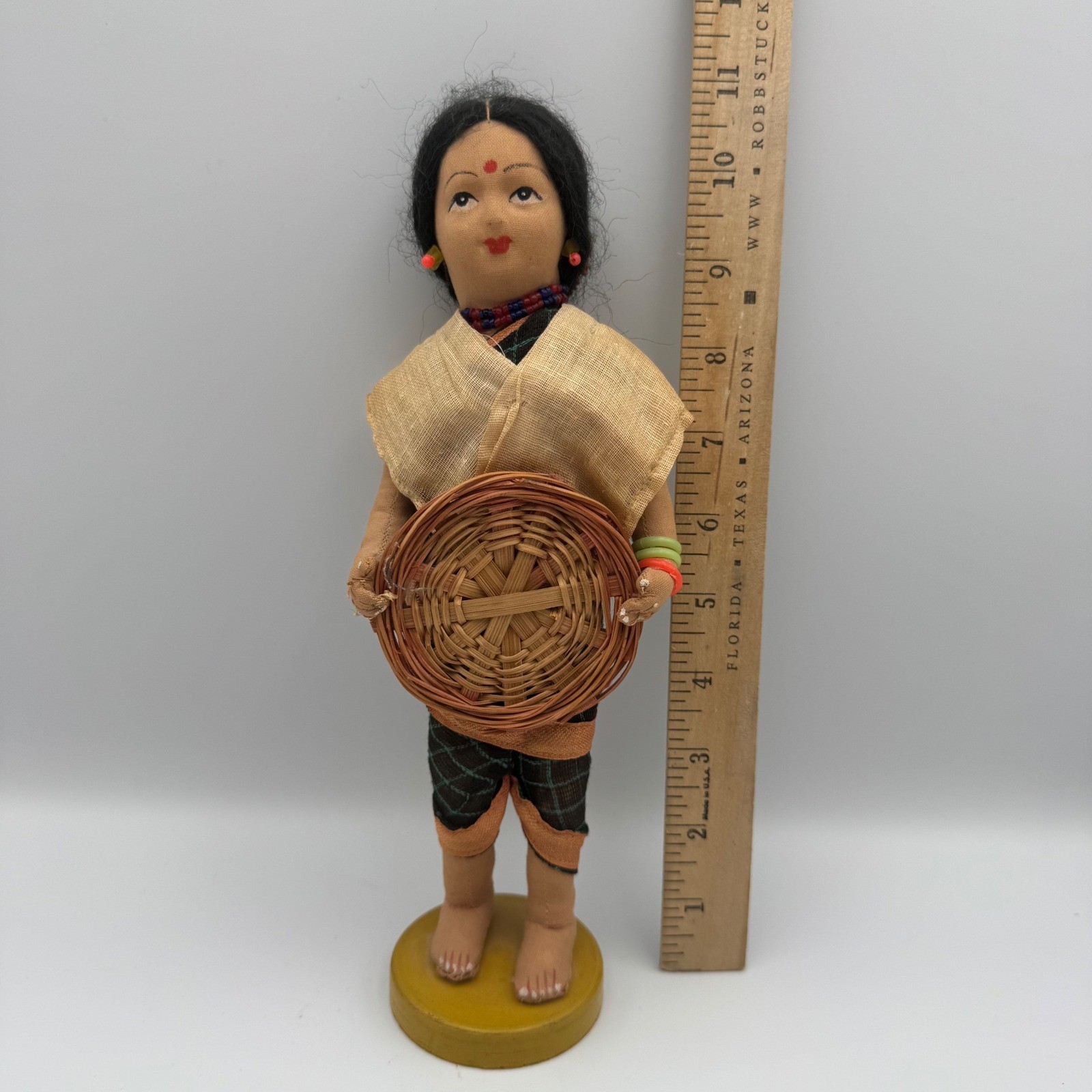 Vintage Folk Art Doll Woman Holding Basket Ethnic Traditional Outfit