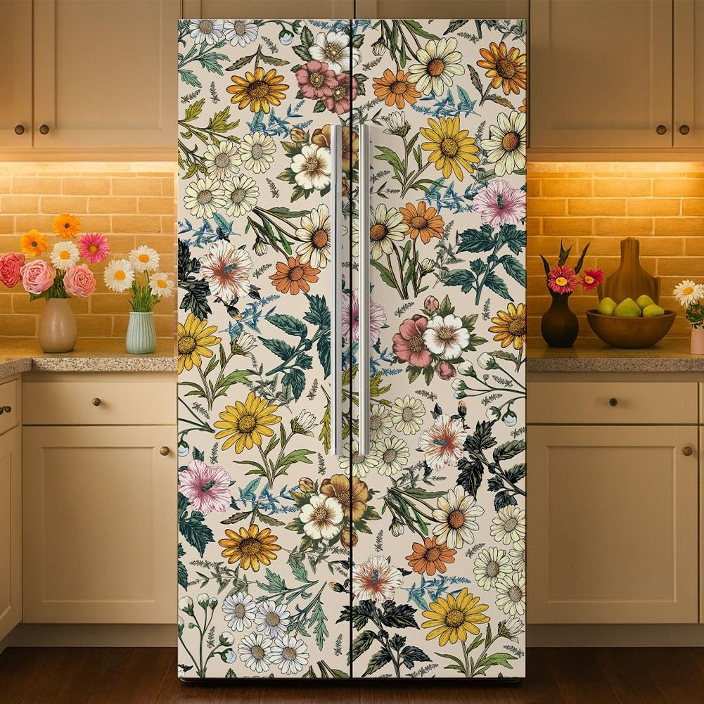 2 Pcs Flower Removable Refrigerator Wraps, -Adhesive Fridge Stickers Peel and…