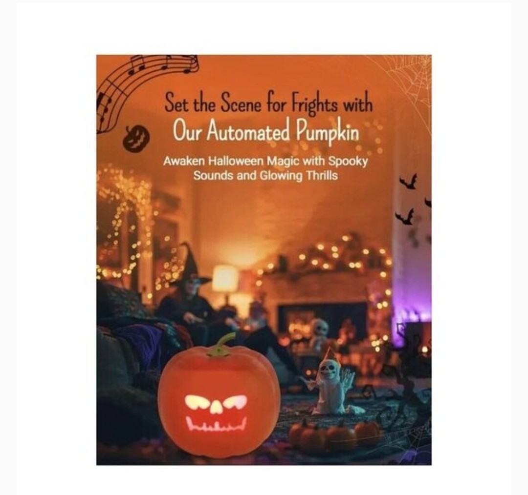 Three (3) Automated Pumpkins – 5 funny and spooky faces w/ music – Rechargeable