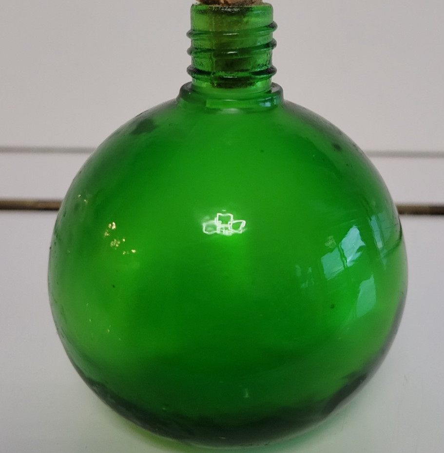 EMERALD GREEN ROUND MINI DECORATIVE BOTTLE RED CORKED STOPPER 4 INCHES 4 OZS