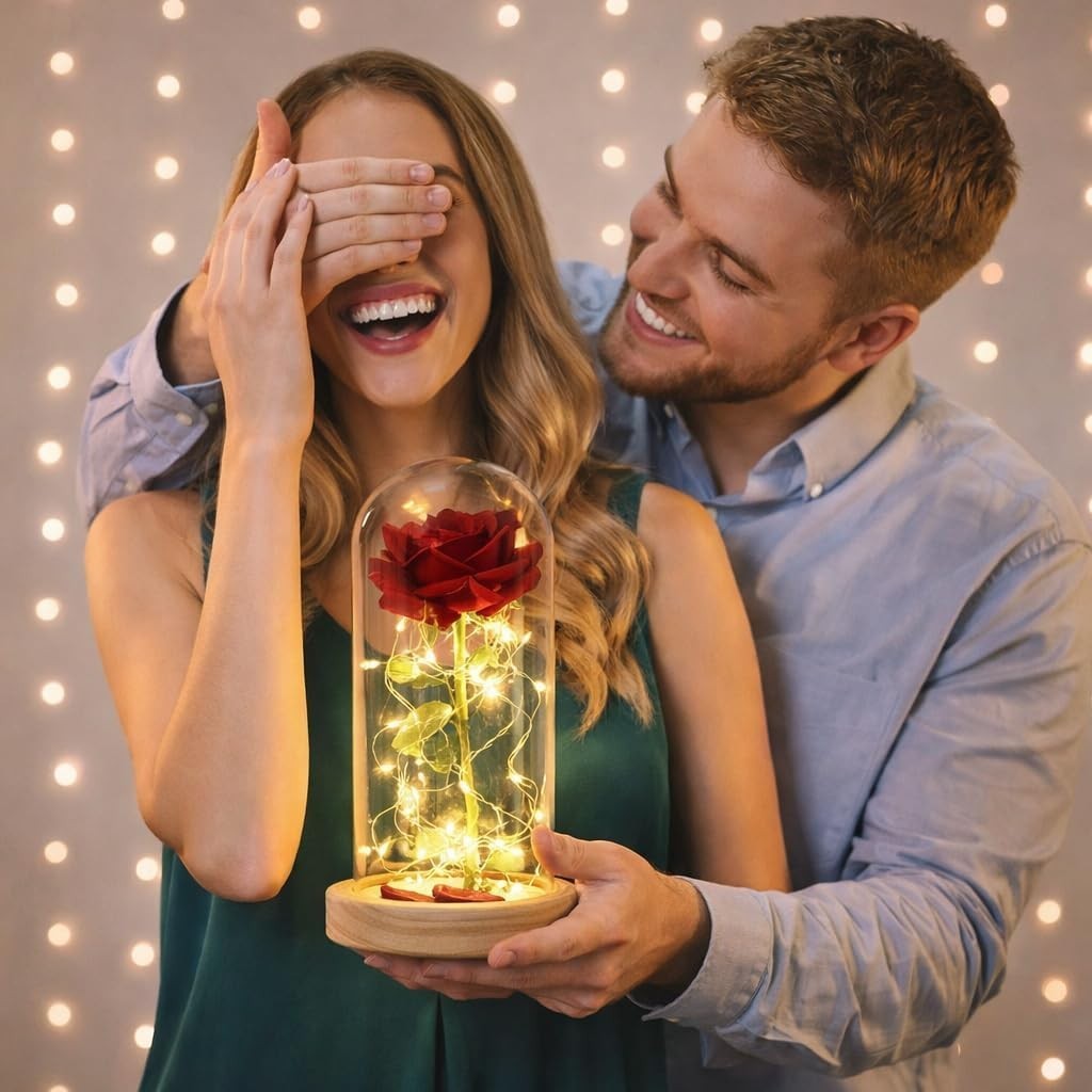 Red Rose in Dome with LED Lights, Eternal Romantic Love Gift Weddings Valentines