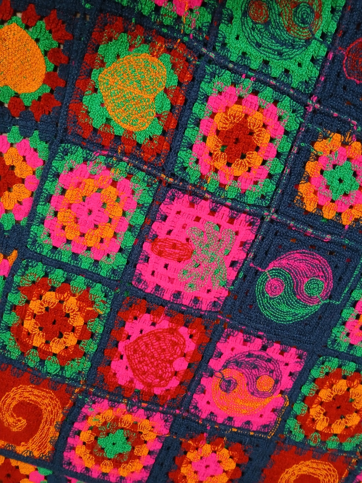 Magaschoni Granny Square Afghan Crochet Colorful Blanket Yin Yang Mushrooms
