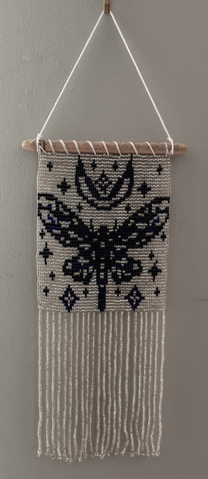 Handmade Seed Beaded Dragonfly Moon & Stars Celestial Wall Hanging Tapestry