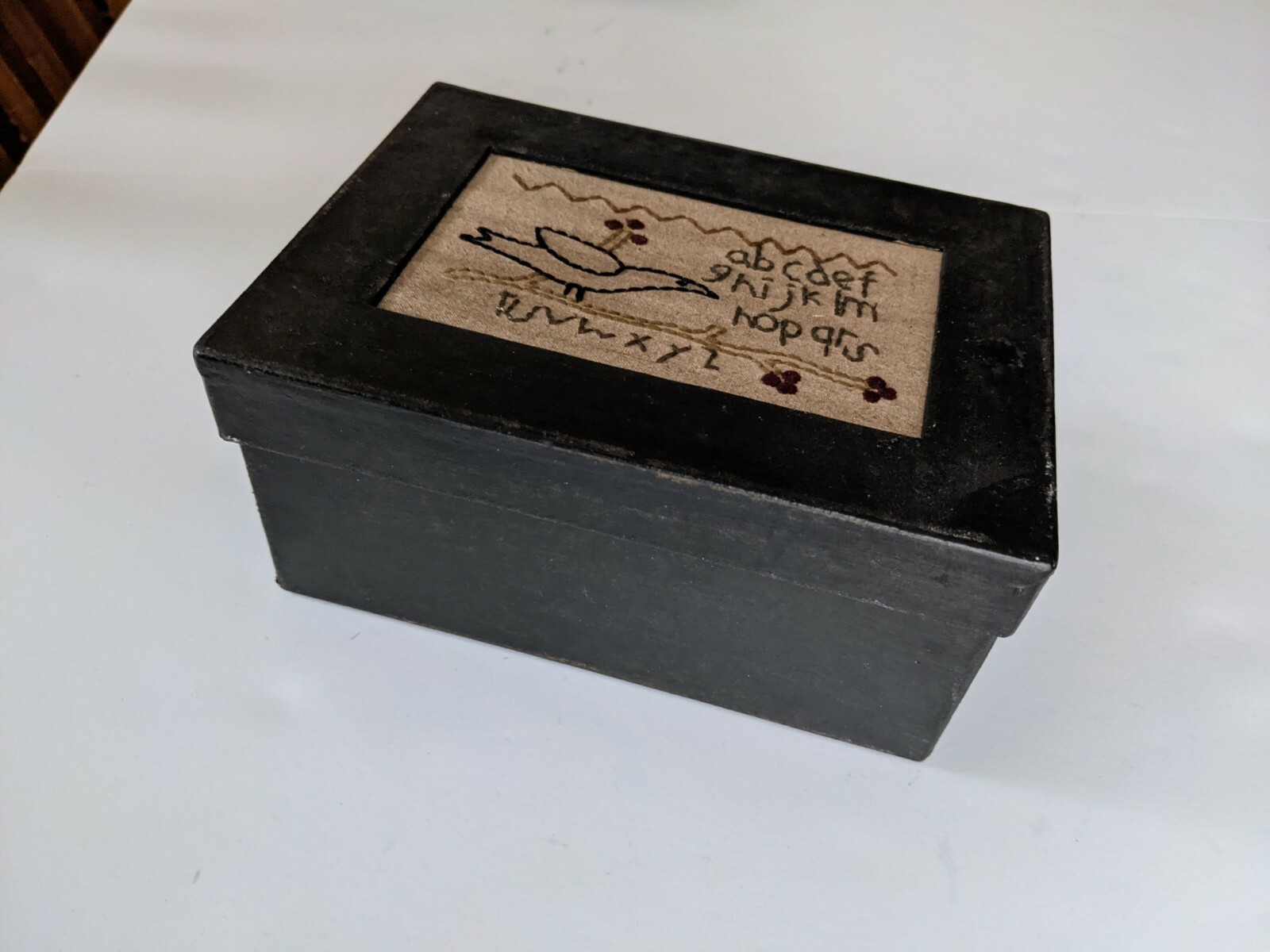 Embroidered Sampler Box Cardboard Paint Black Bird 6.75×4.75×3 In Storage Crafts