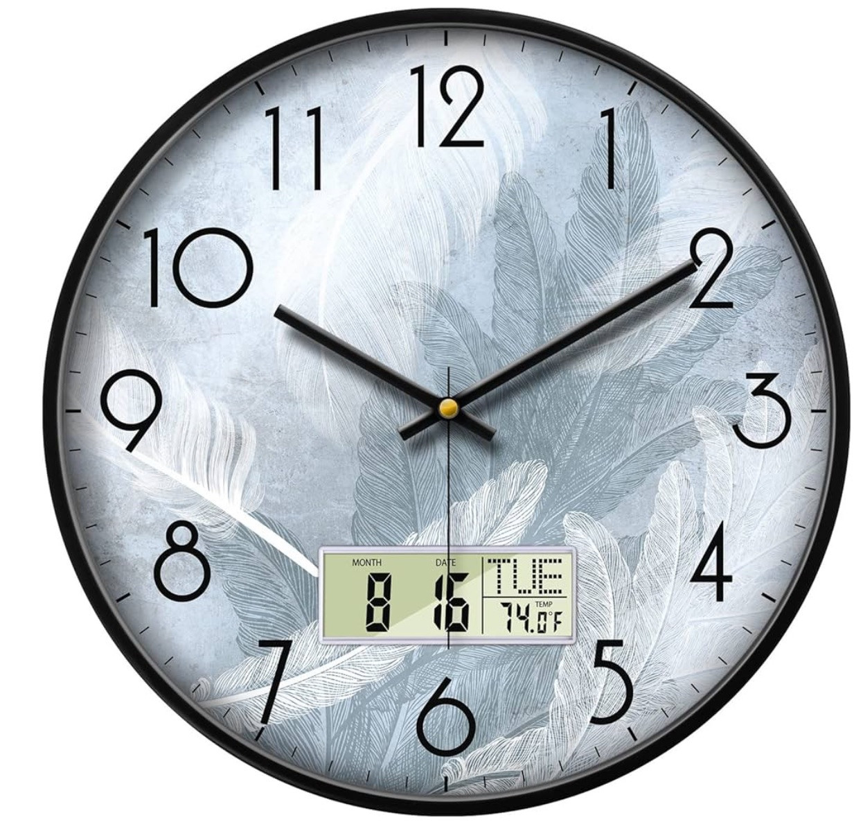 SCOAGE Silent Wall Clock with Temperature Day and Date Blue Feathers