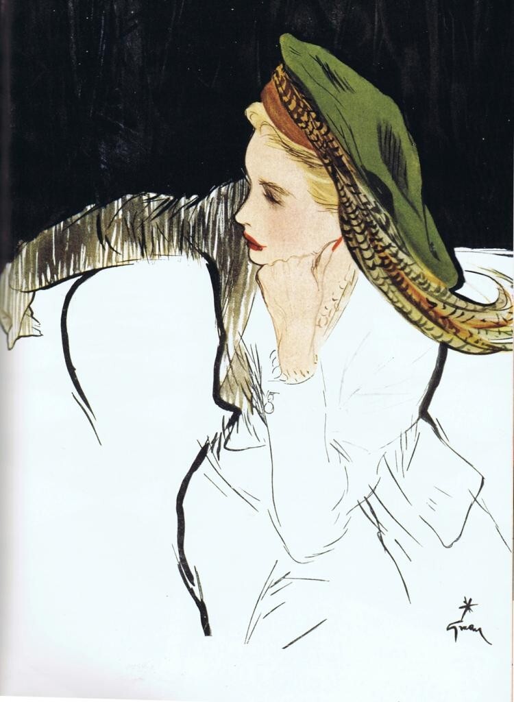 Feathered Beret René Gruau Fashion Illustration Archival Art Print to Frame