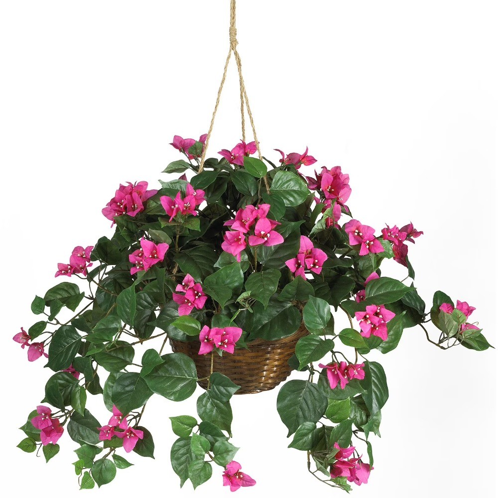 Nearly Natural 24&Prime; Bougainvillea Hanging Basket Artificial Plant, Pink