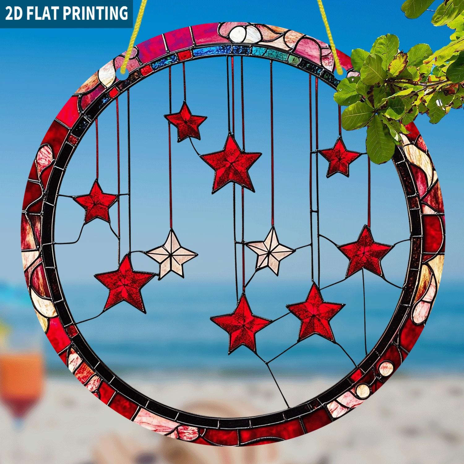 Hanging Red White Stars Round Acrylic Suncatcher Holiday Window Hanging Decor
