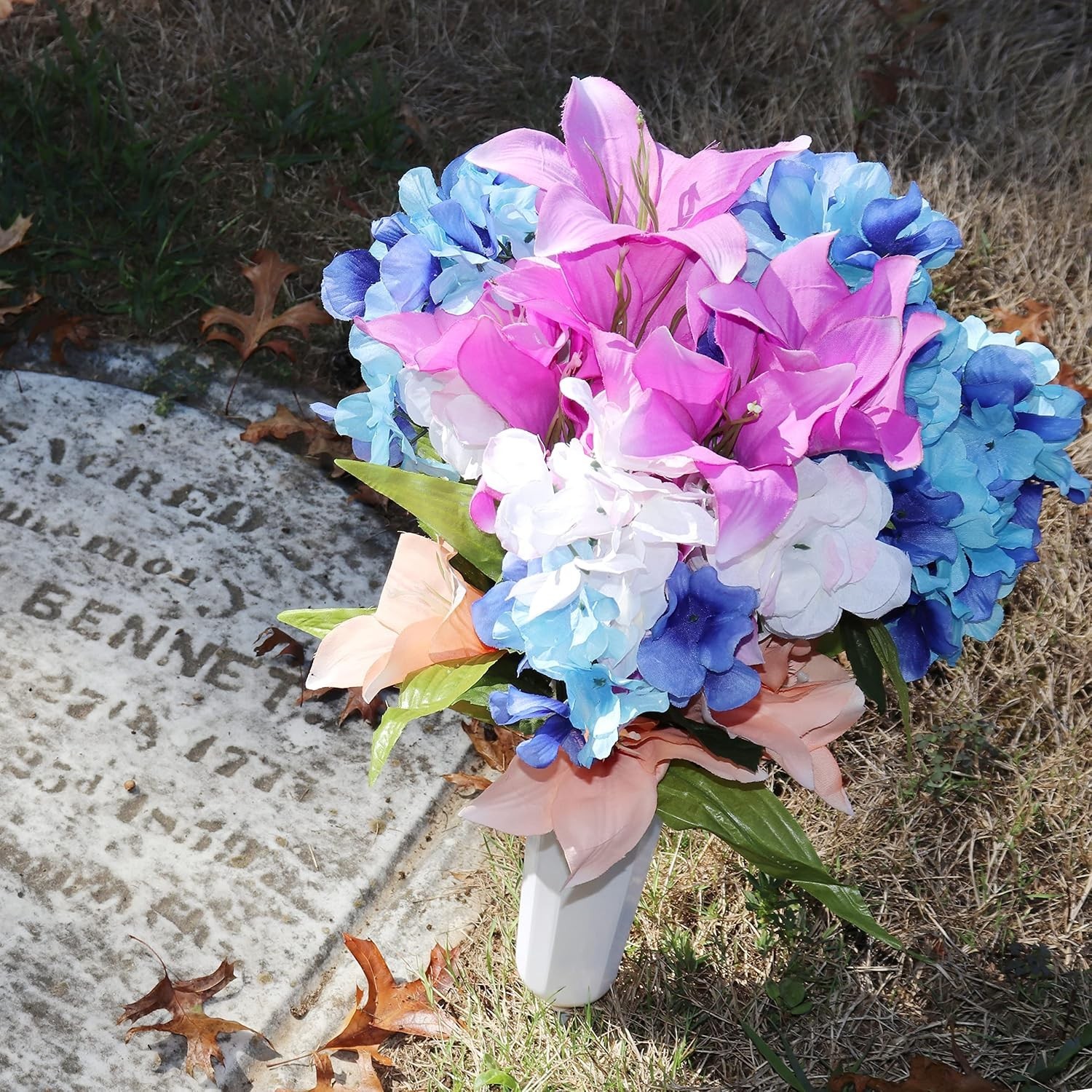 Durable White Flower Vases with Ground Stakes – Perfect for Memorials, 2 Pack