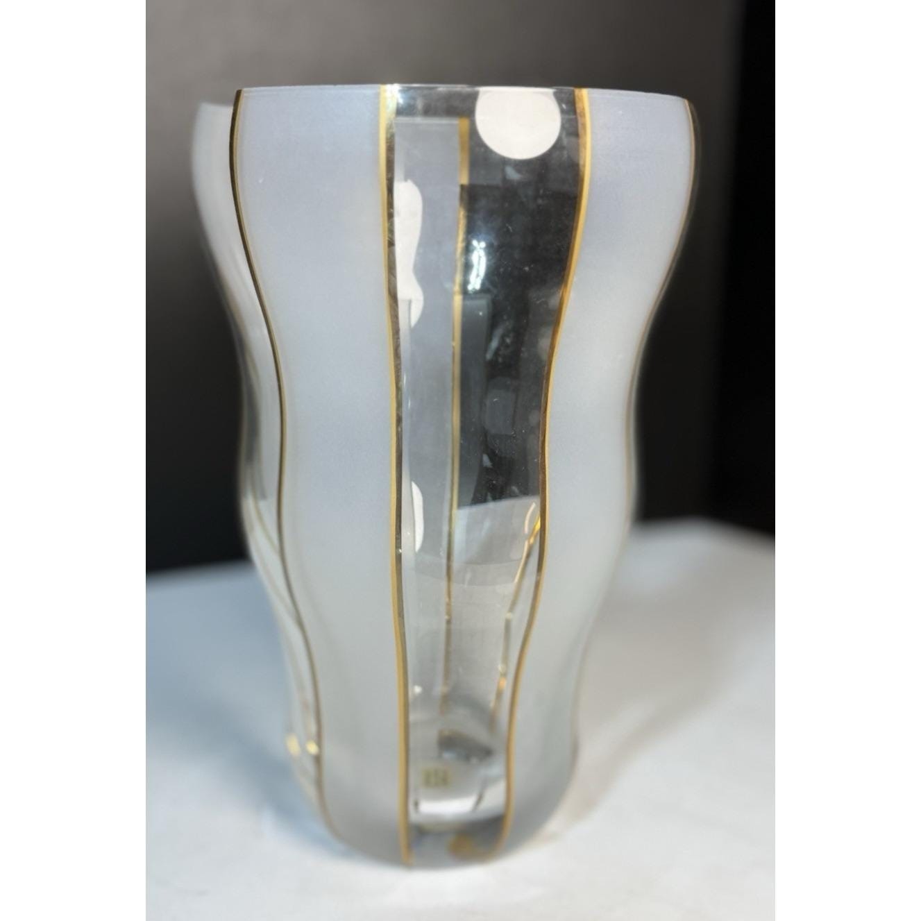 Clear and Etched with Gold Stripe Made in Czech Republic vase 7.75&Prime; H
