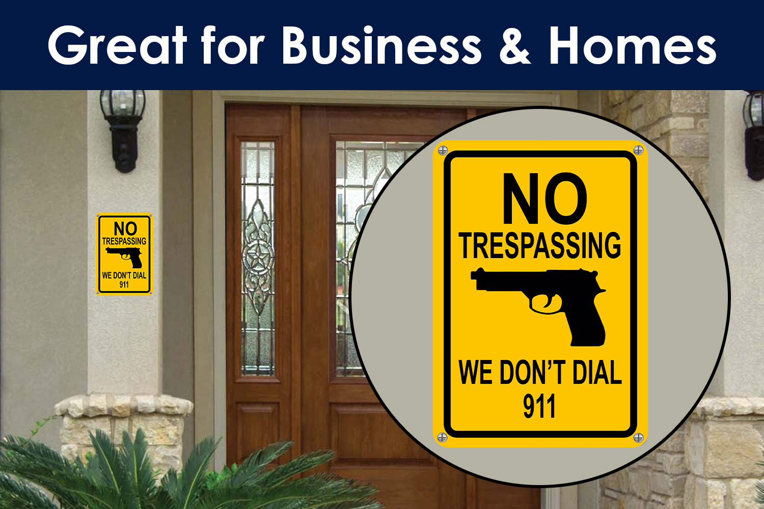 No Trespassing Sign We Don&rsquo;t Dial 911 Hand Gun Signs Funny Yard Home Signs