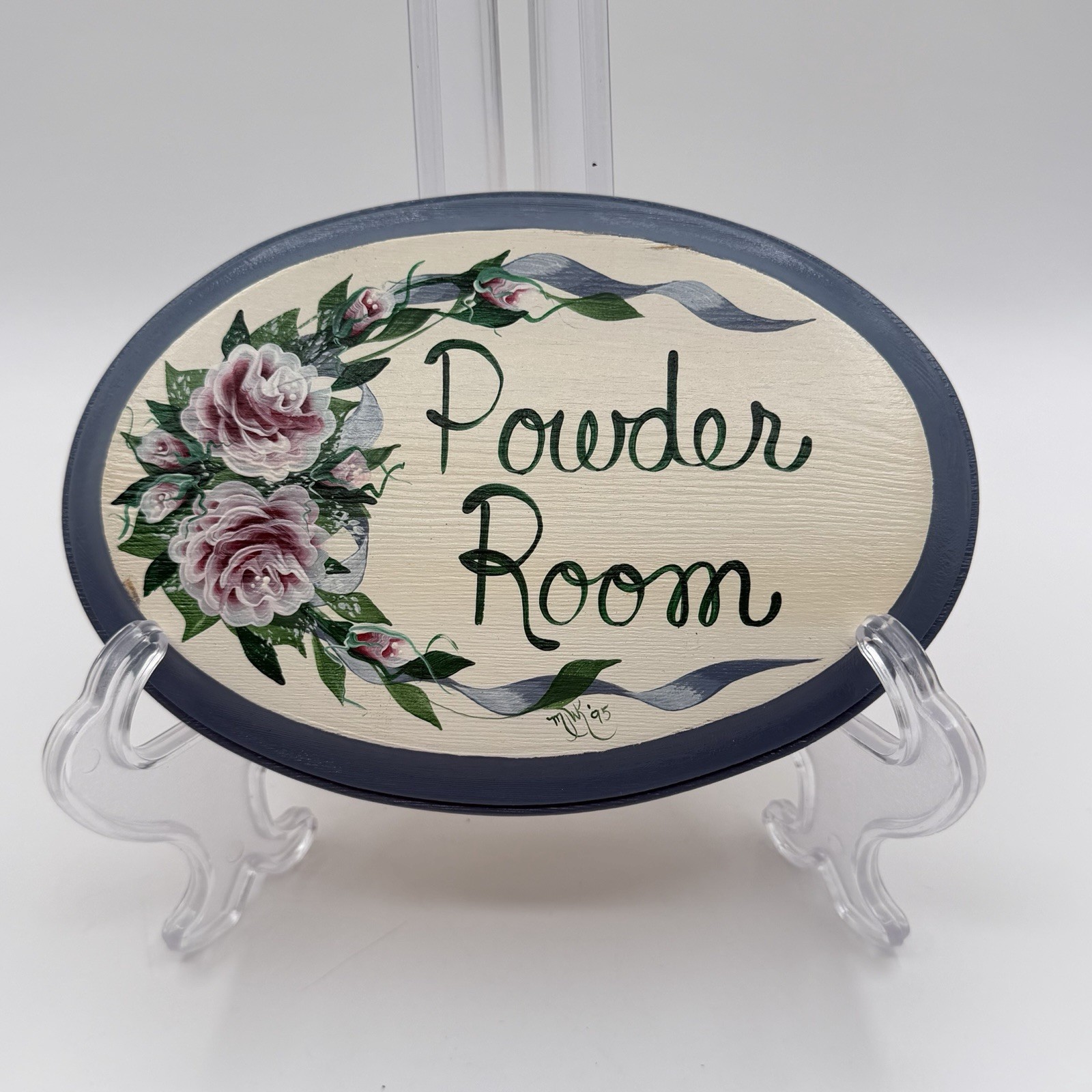 Vintage 80&rsquo;s Blue Country Bathroom Sign Hand Painted Floral Cottage Granny Core