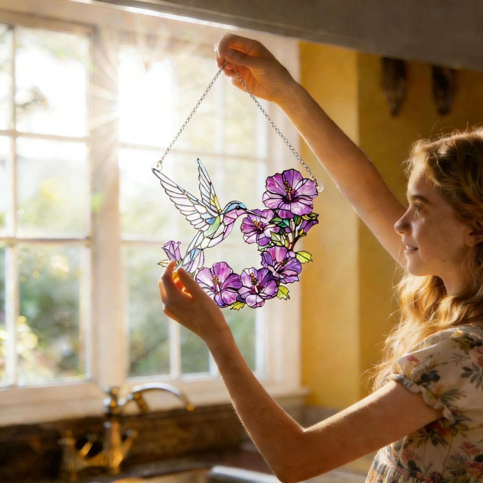 Stained Glass Hummingbird Suncatcher Lavender Flower Window Hanging Botanical