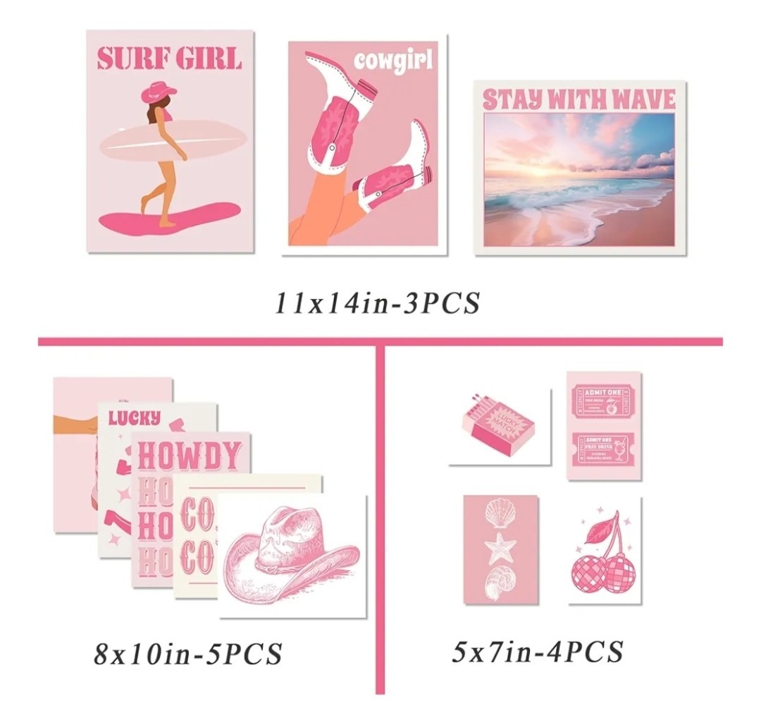 NEW InSimSea Coastal Cowgirl Room Decor Aesthetic Pink Posters 12 Pcs Coastal