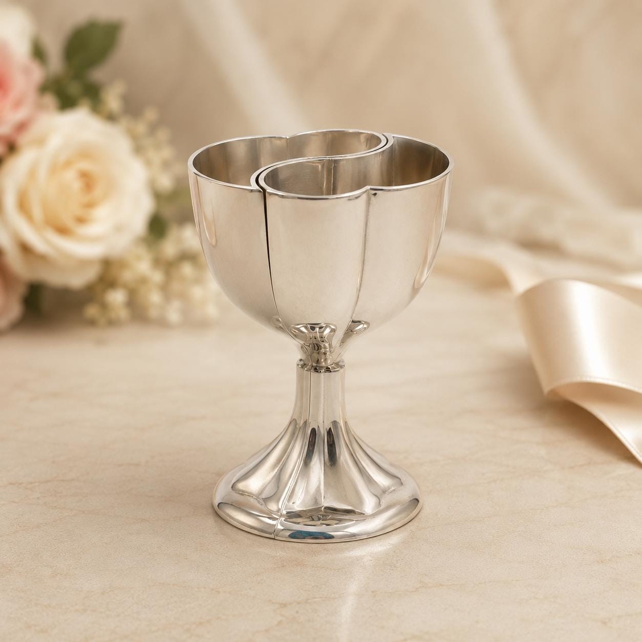 Silver Plated Wedding Cup Heart Shape Double Cup Pedestal Base Goblet