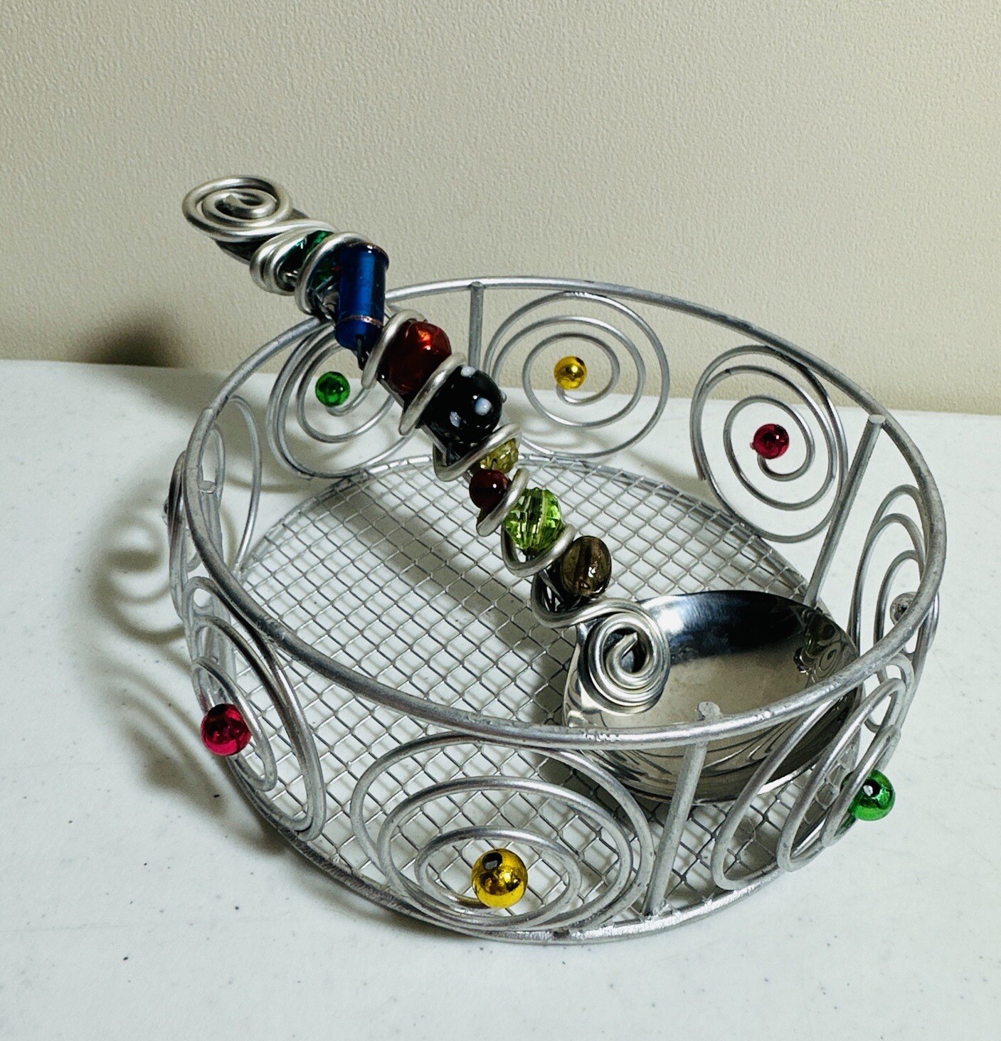 Metal Wire Basket Colored Glass Stones With Spoon