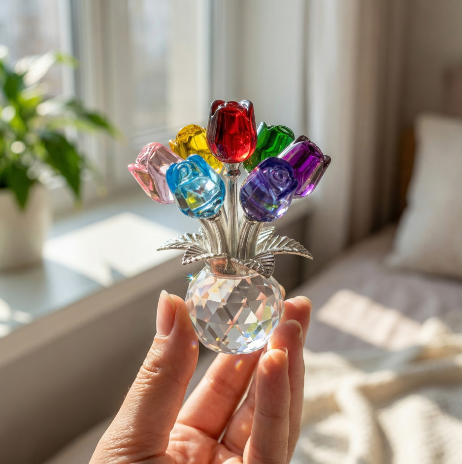2026 Crystal Colorful Rose Flower Collectible Figurine Glass Flowers With Vase
