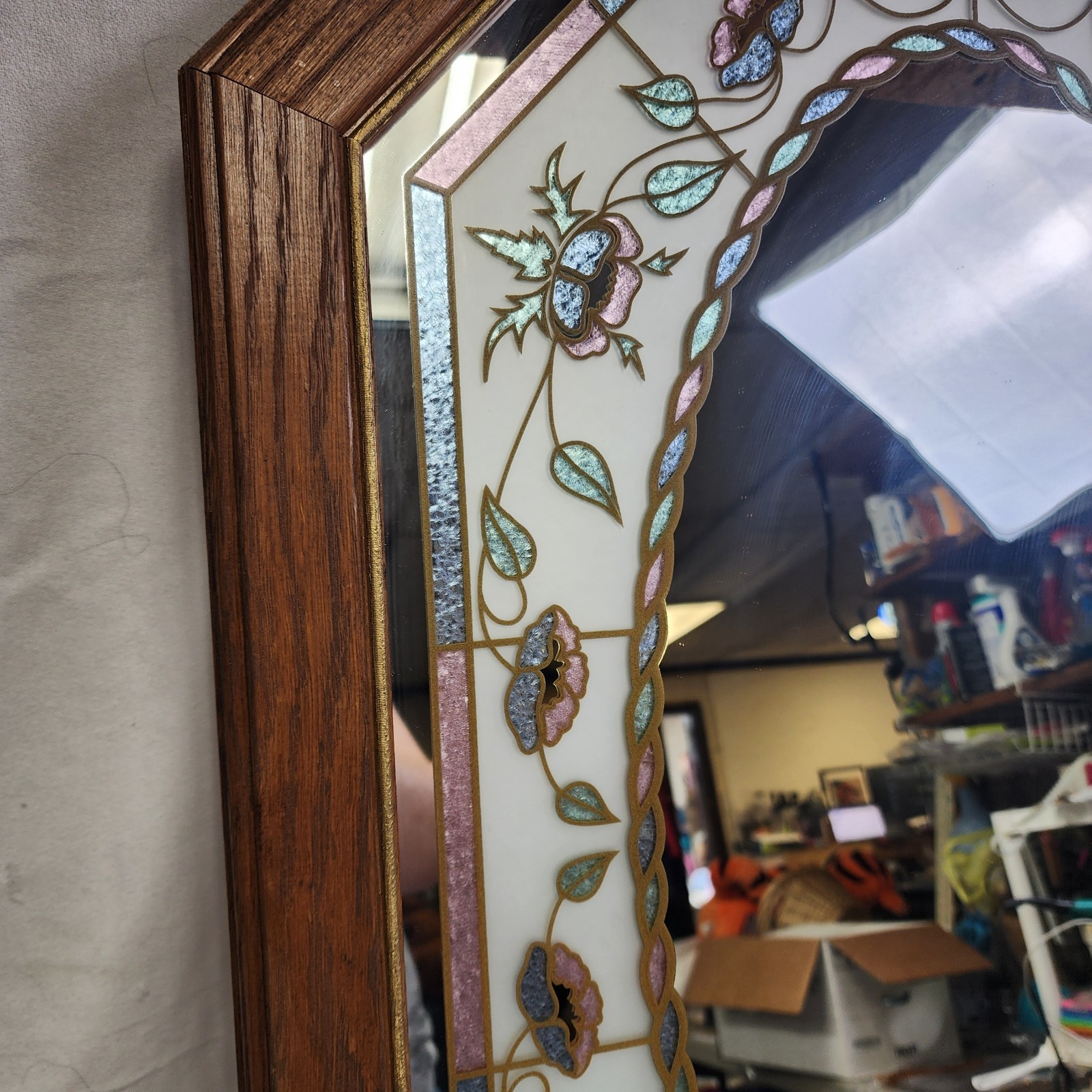Vintage Cottagecore Floral Etched Stained Glass Mirror Octagon 1980s 90s 21&Prime;x31&Prime;