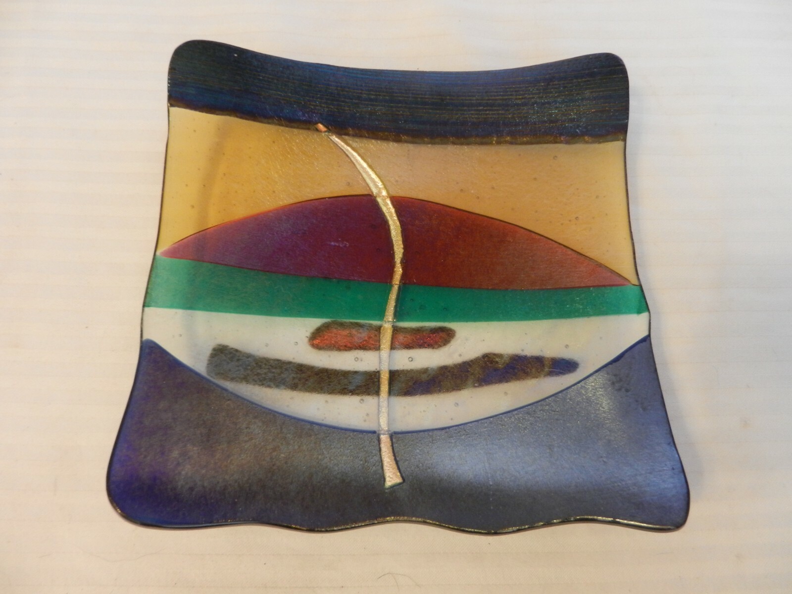 Multi Colored Glass Wave Shape Square Change Coin Key Tray Unique 6.25&Prime; Square