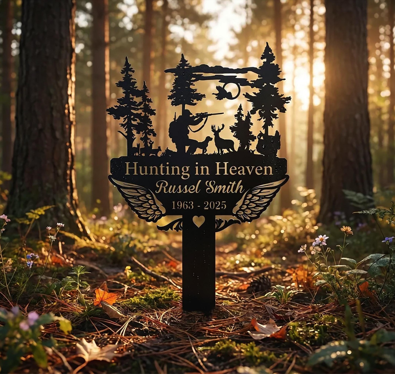 Hunting In Heaven Memorial Stake, Personalized Hunter Grave Marker Sign