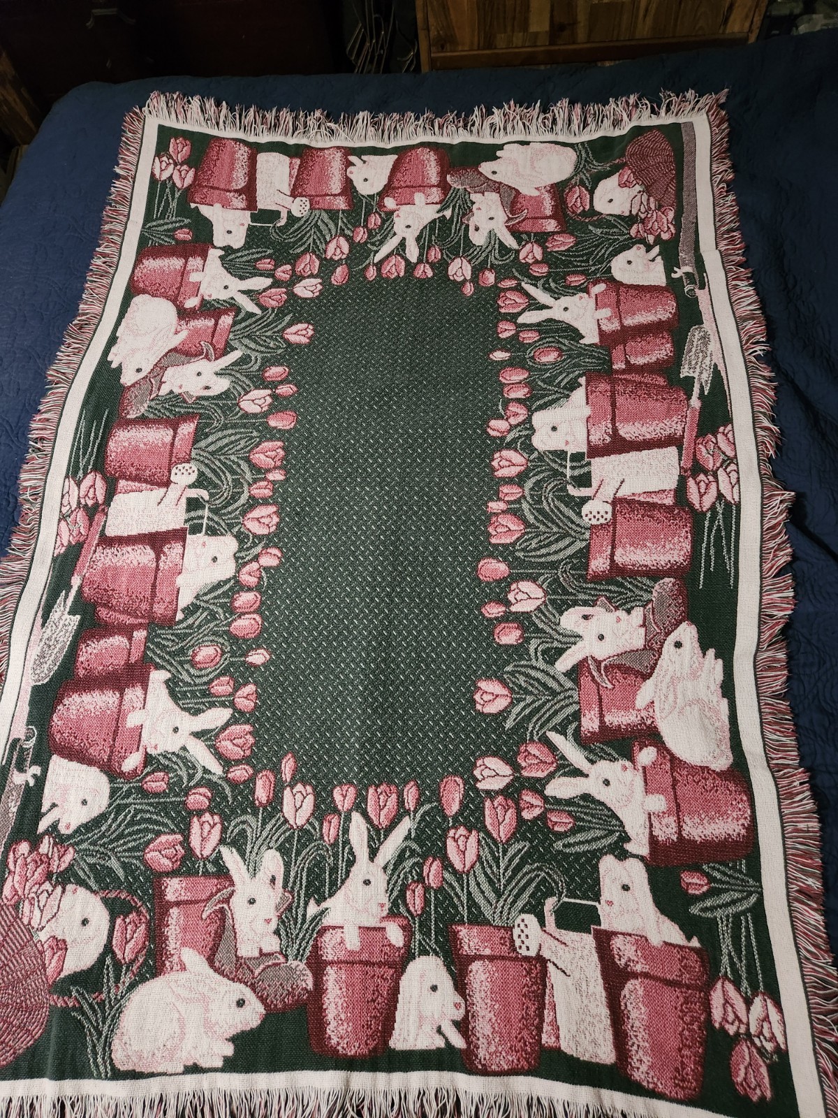 Vintage 1994 WWM Bunny Gardening Tapestry Throw Blanket Tulip Border 46×68