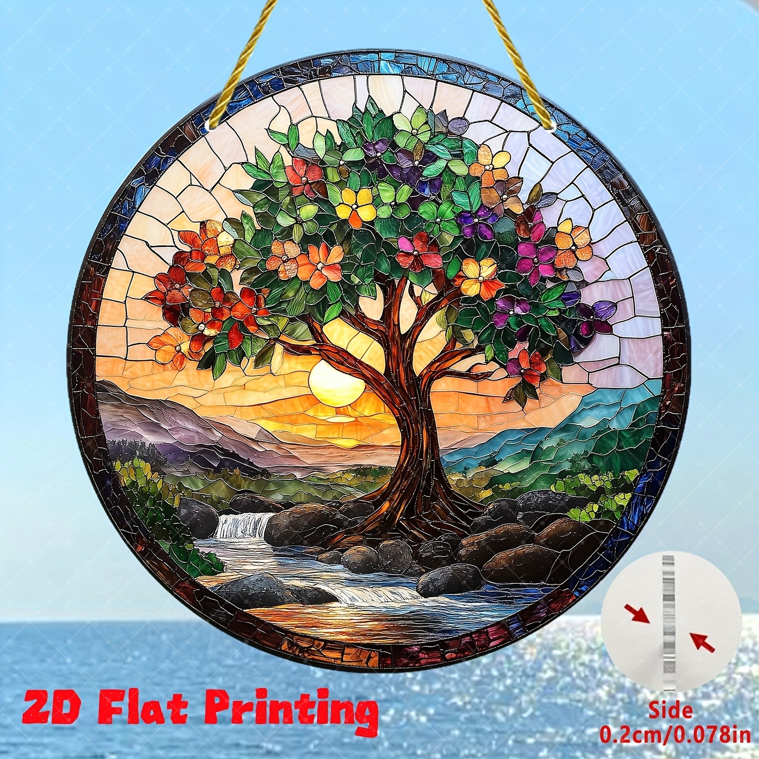 Tree of Life Landscape Round Acrylic Suncatcher Window Hanging Home Garden Decor