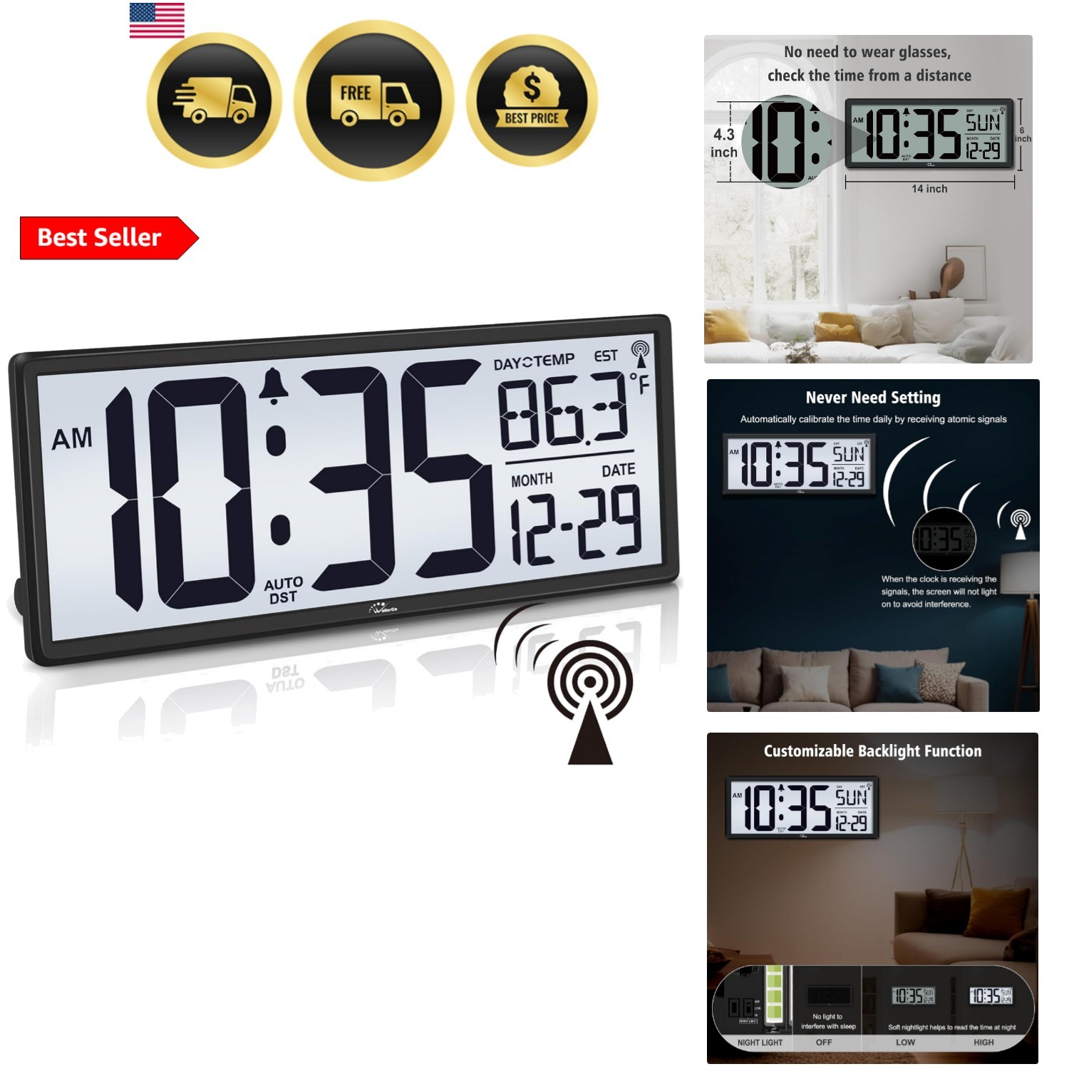 14.5 » Atomic Clock with Backlight, Large Digital Wall Clock Battery Operated…