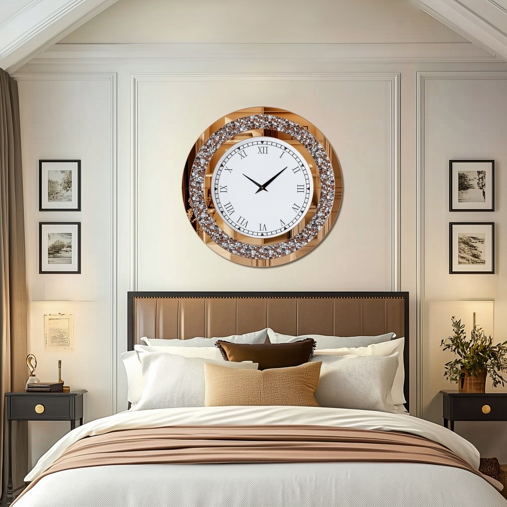 Large Round Mirror Clock 24/32in Crystal Sparkle Bling Crush Diamond Wall Clocks