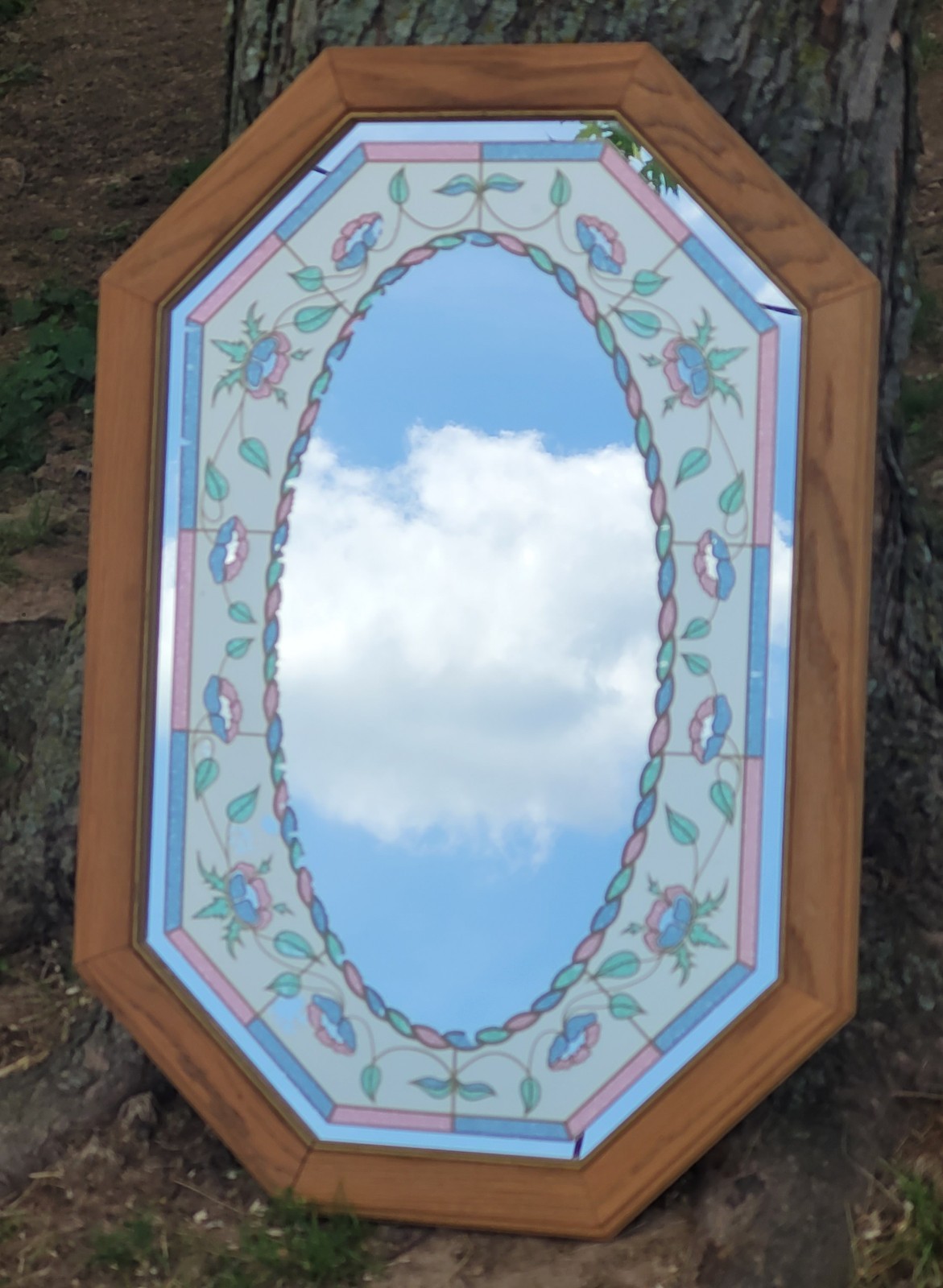 Vintage Octagonal Faux Stained Glass Mirror Floral Design 31X21&Prime; Pink Blue Green