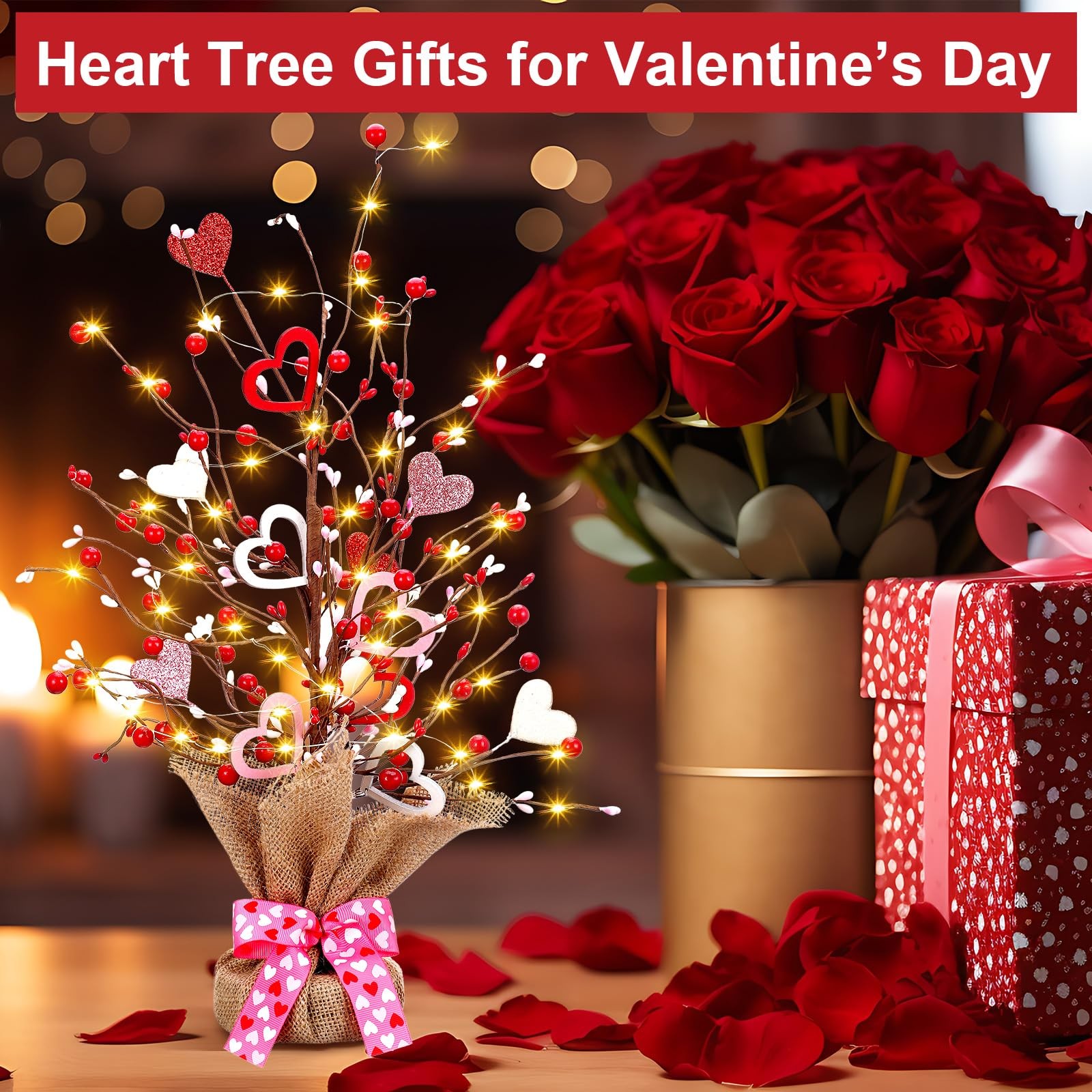 2 PCS 21in Valentine Lighted Artificial Berry Blossom Table Tree Heart