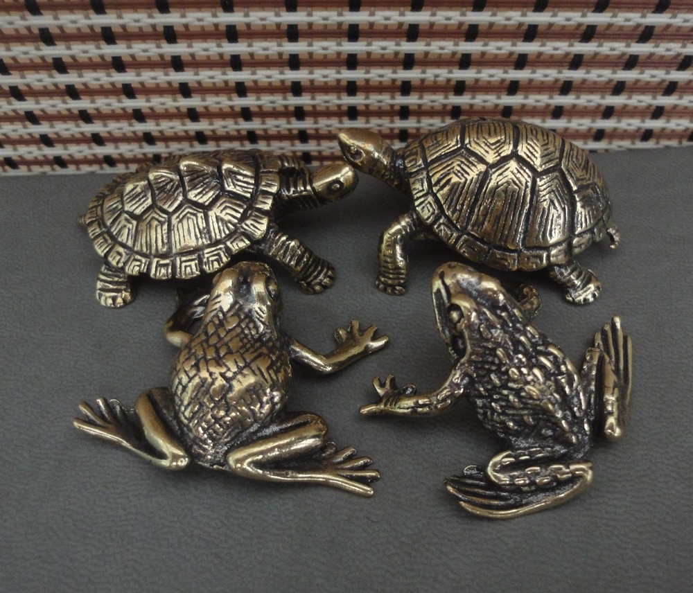 2 Pairs Solid Brass Turtles and Frogs Figurines Vintage Styles Couple Statues